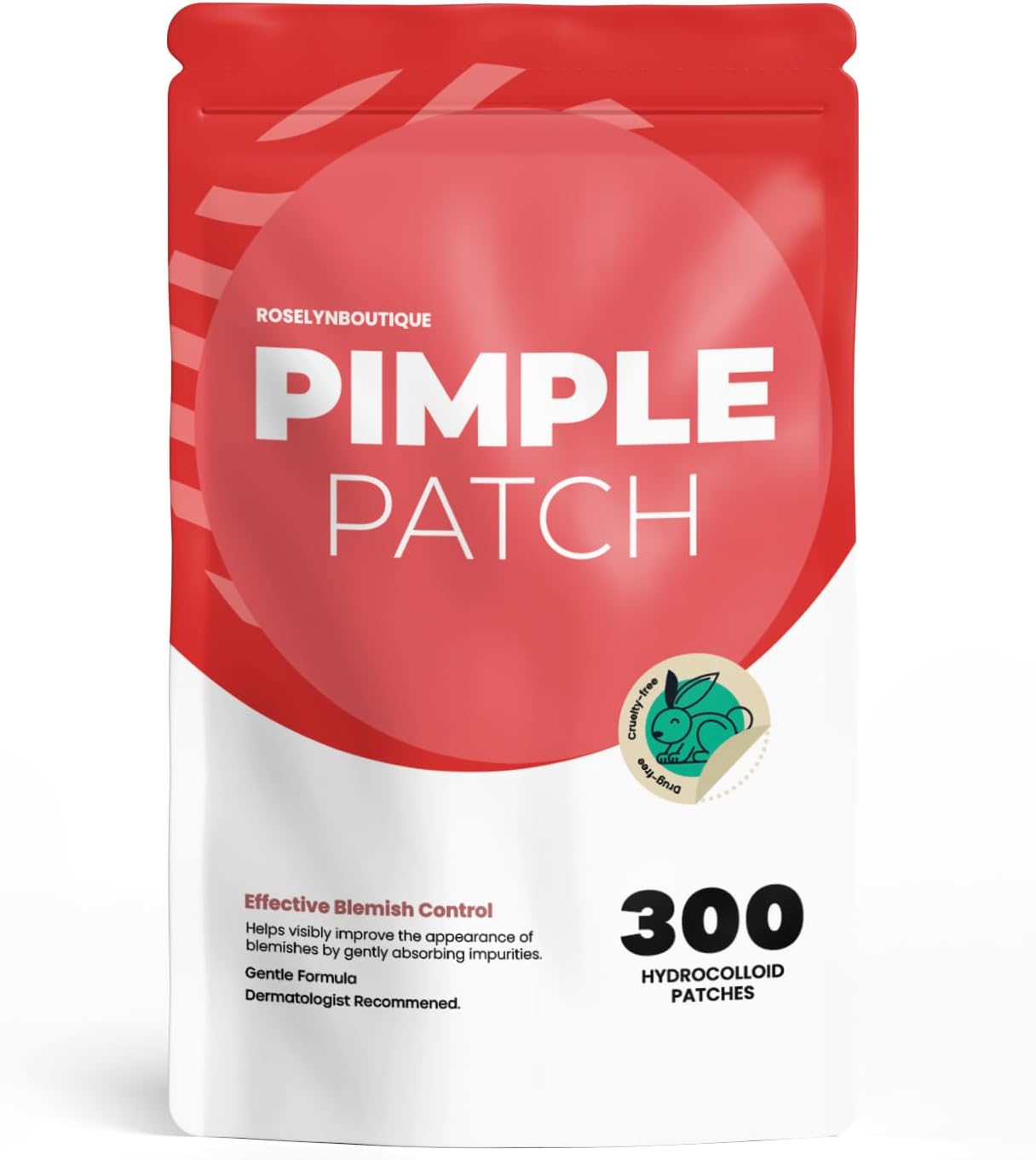 Showcases the product packaging and highlights the main feature of pimple patches for effective blemish control.
