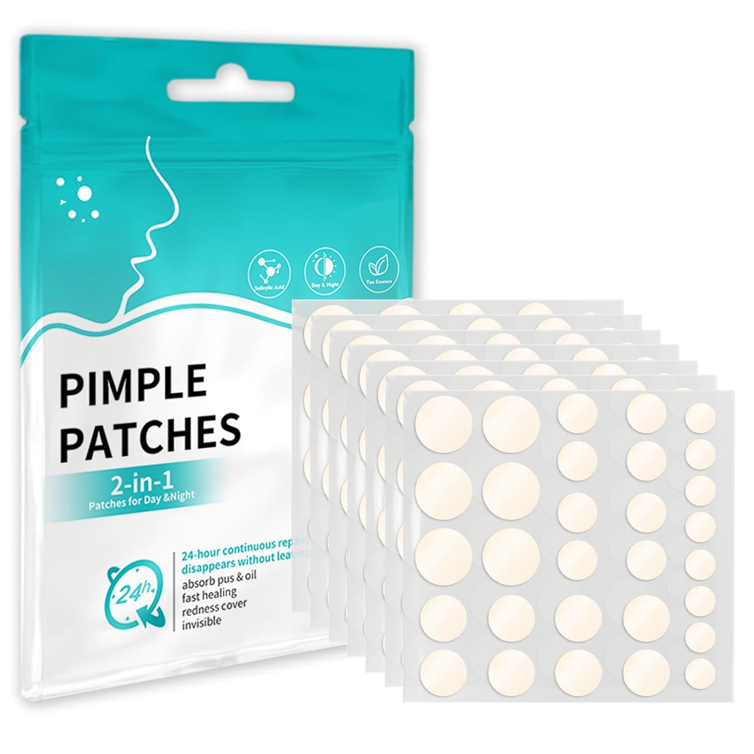 Shows the product packaging and included pimple patches to inform customers about the contents and appearance of what they'll receive.