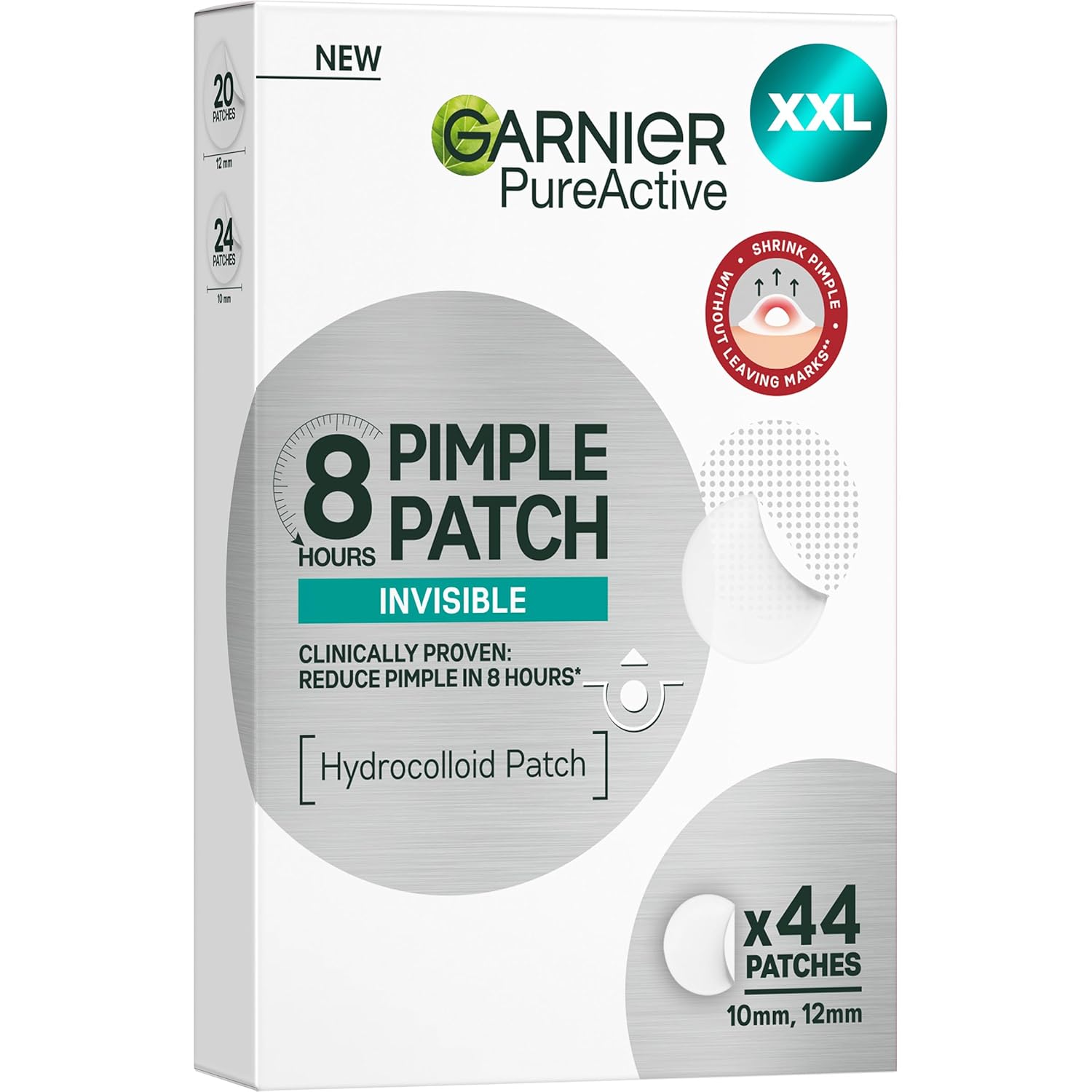 Showcases the product packaging and highlights key features like invisible patches, 8-hour effectiveness, and quantity of patches included.
