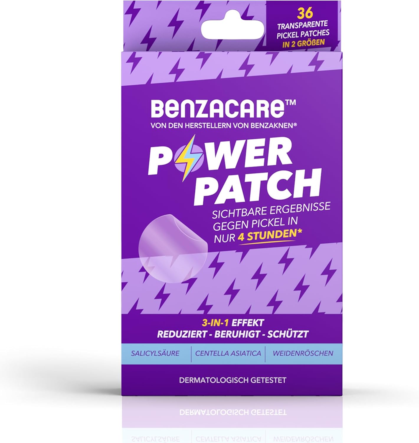 Showcases the product packaging to highlight key features and benefits of the acne patches.