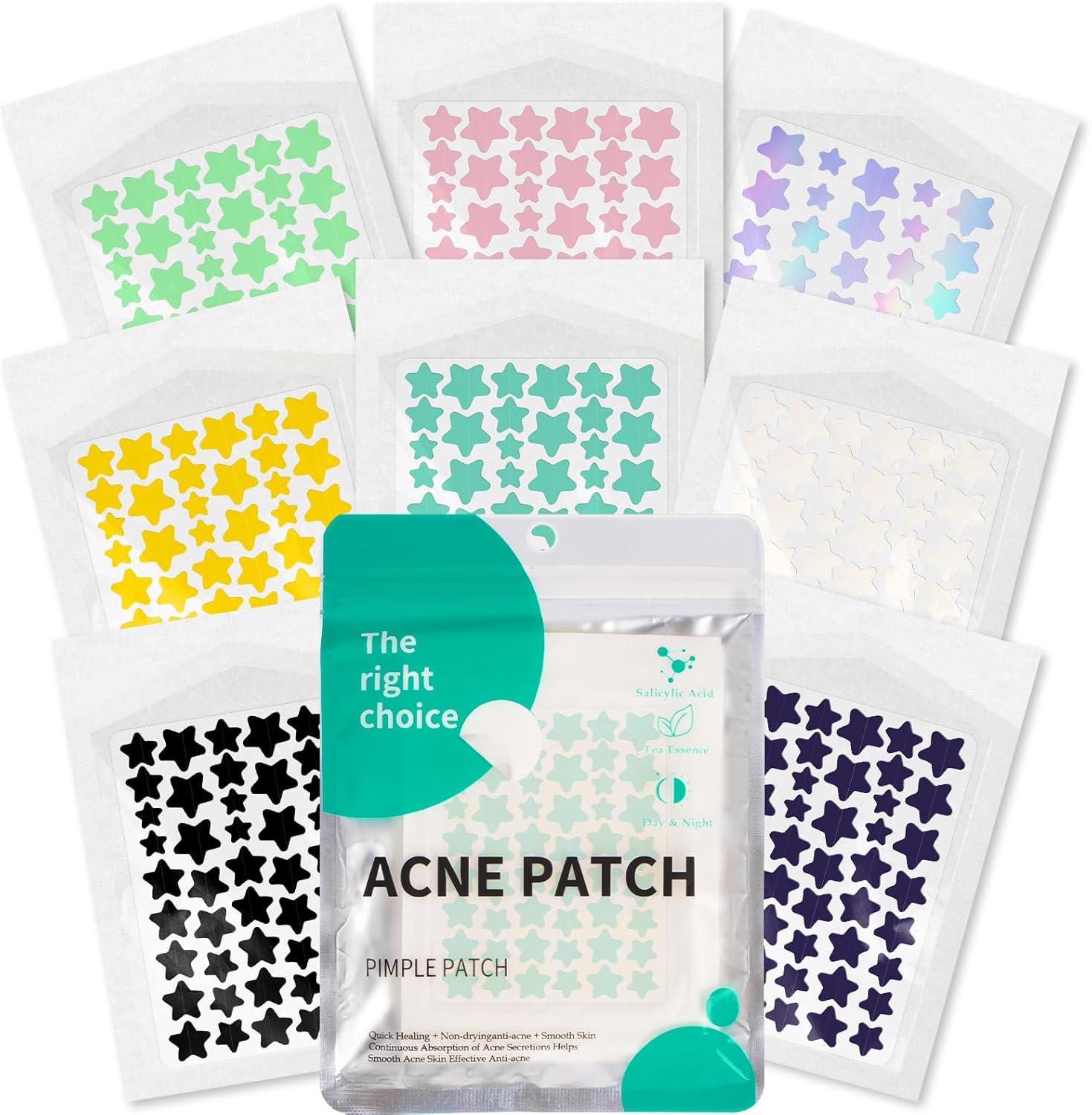 Showcases the variety of colorful acne patch options available in the product set. Displays the range of color choices for the acne patches, appealing to different preferences.