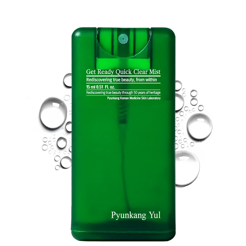 Showcases the product's packaging and highlights its key features as a quick clear mist for skincare. Emphasizes the product's hydrating properties through the addition of water droplet visuals.