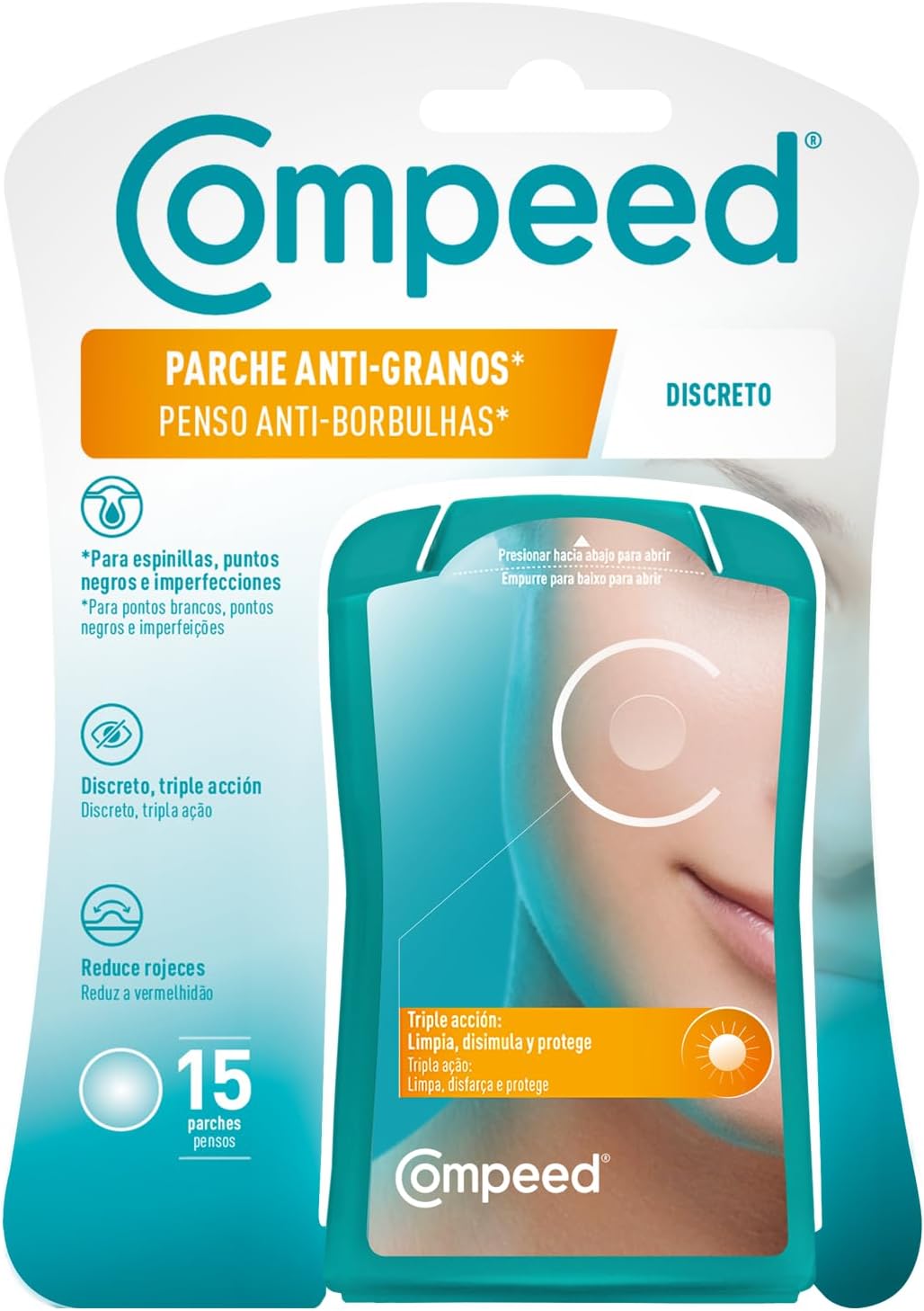 Showcases the product packaging to highlight the anti-acne patches and their discreet nature.