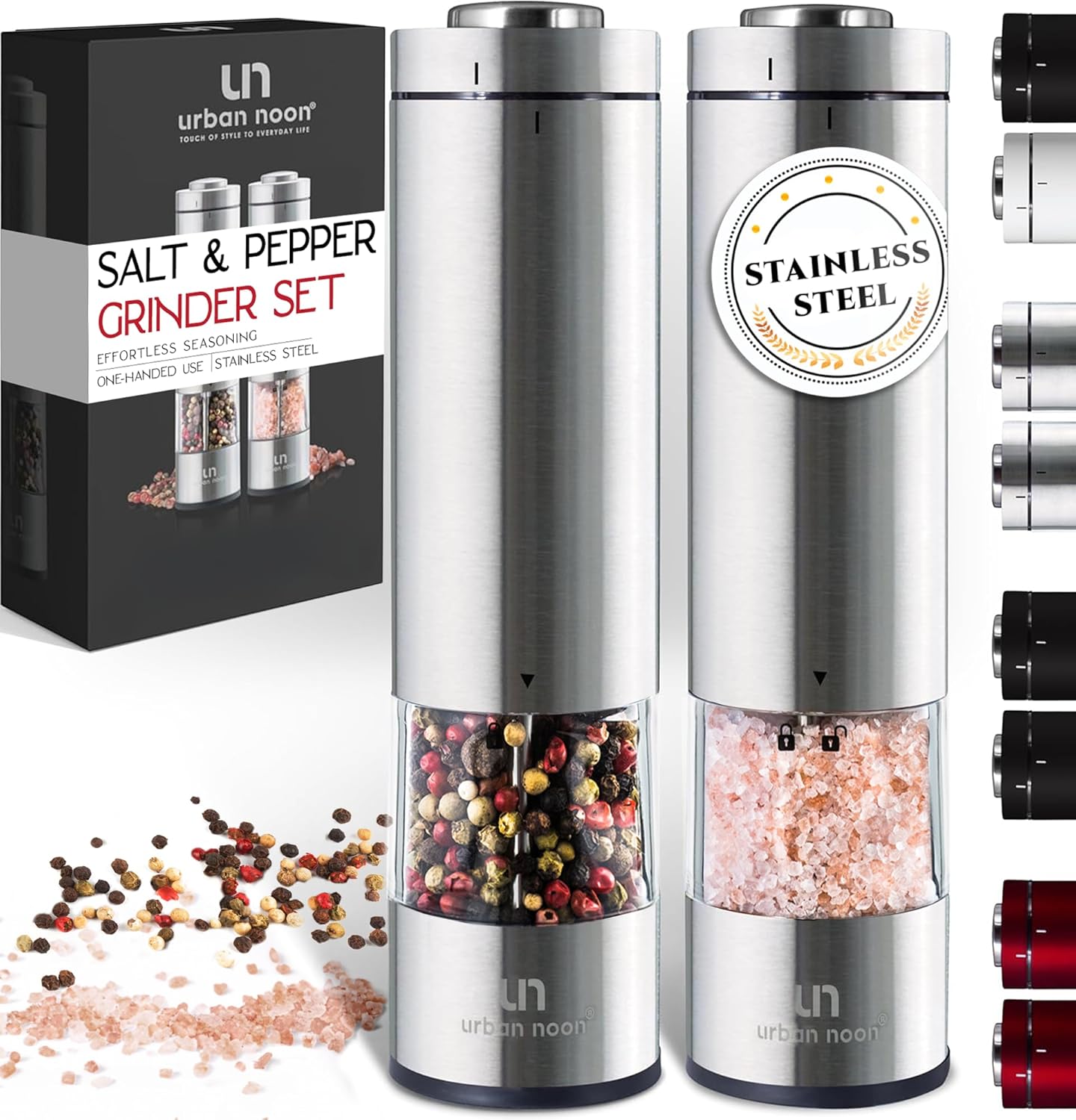 Showcases the product's sleek stainless steel design and demonstrates the set includes both salt and pepper grinders. Displays the various grinder options available and shows the grinders filled…