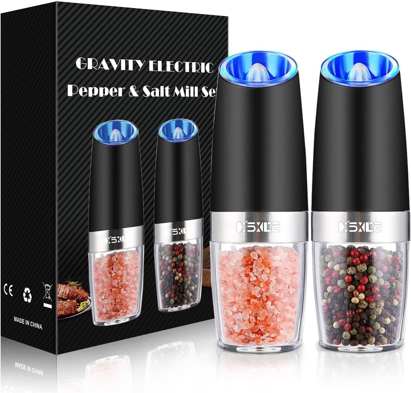 Shows the full set of electric salt and pepper grinders to demonstrate the product's completeness and functionality. Displays the product packaging alongside the grinders to convey brand identity…