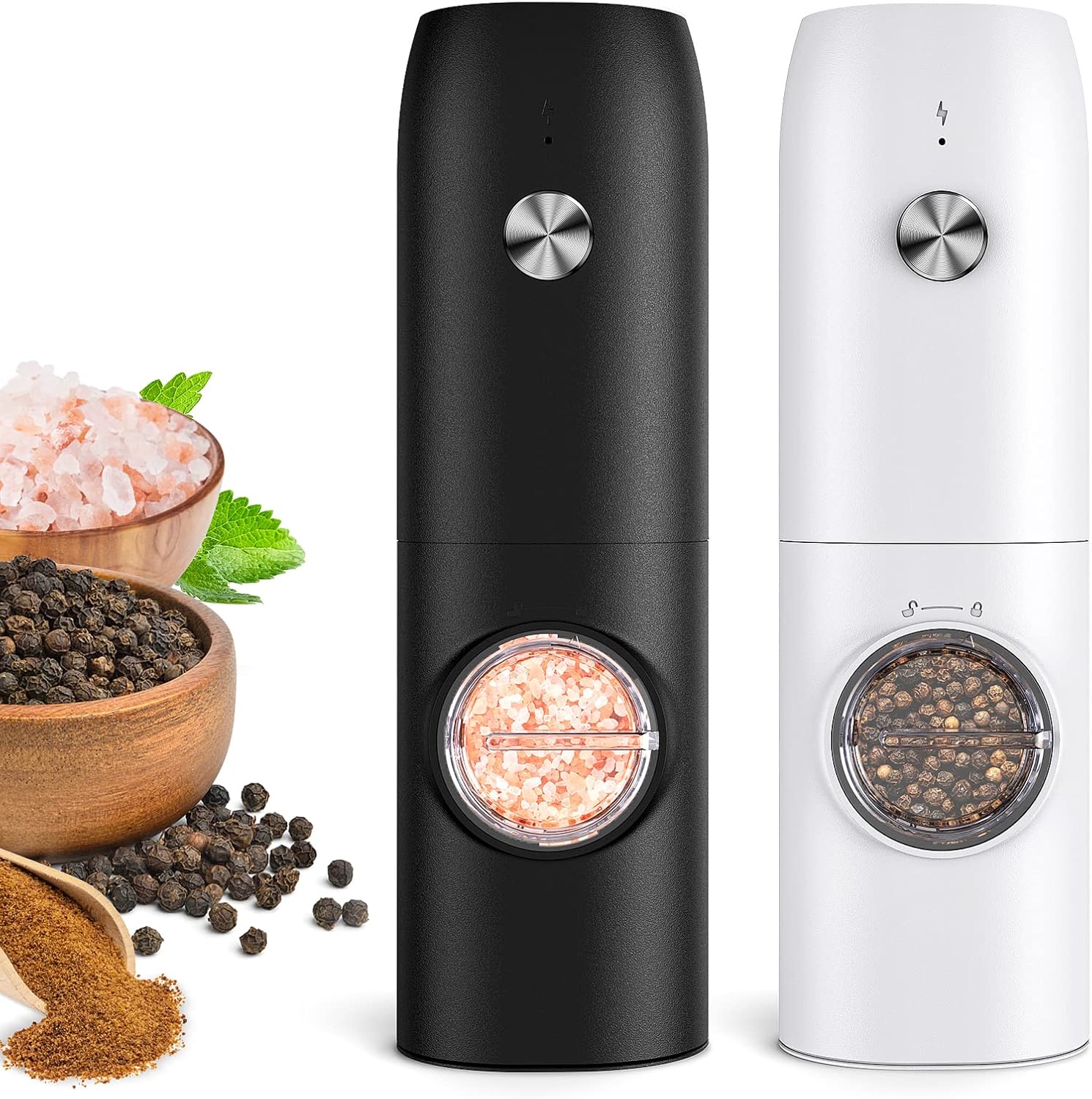 Showcases the product in two color variations (black and white) to highlight customization options for consumers. Displays the main product features clearly, including the grinder mechanism and…