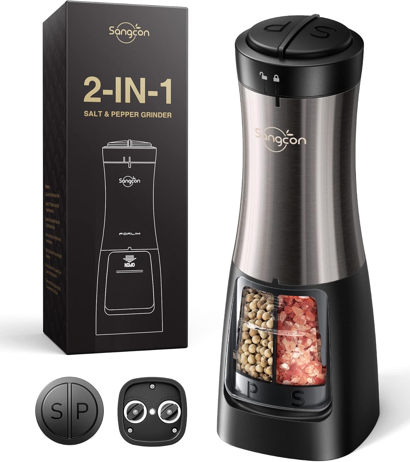 Showcases the product alongside its packaging to highlight the 2-in-1 salt and pepper grinder functionality and premium stainless steel construction.