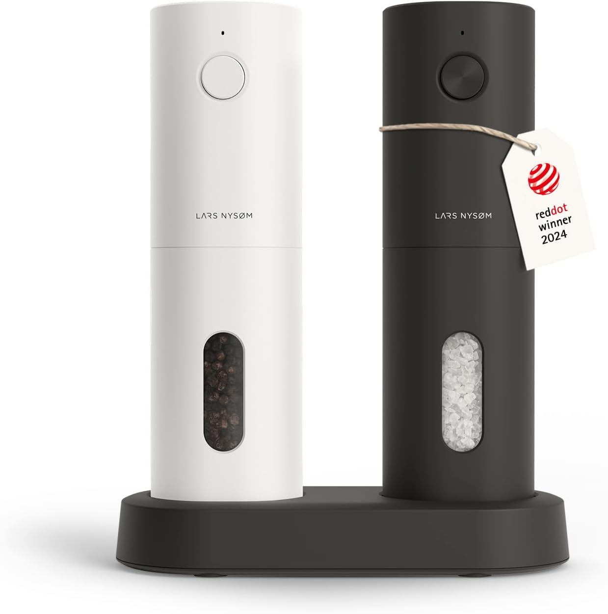 Showcases the sleek, modern design of the salt and pepper grinders and highlights the available color choices. Displays the product in two color options and emphasizes its award-winning status with…