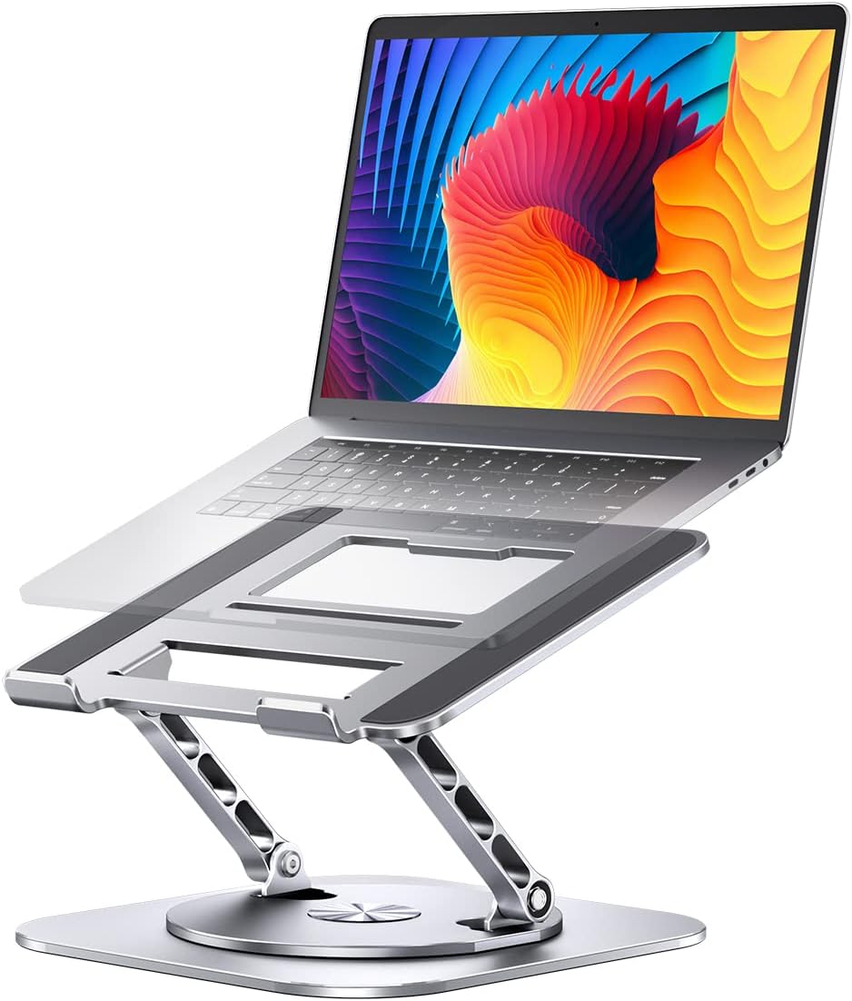 Showcases the product's design and functionality as an adjustable laptop stand, highlighting its ergonomic features and sleek appearance.