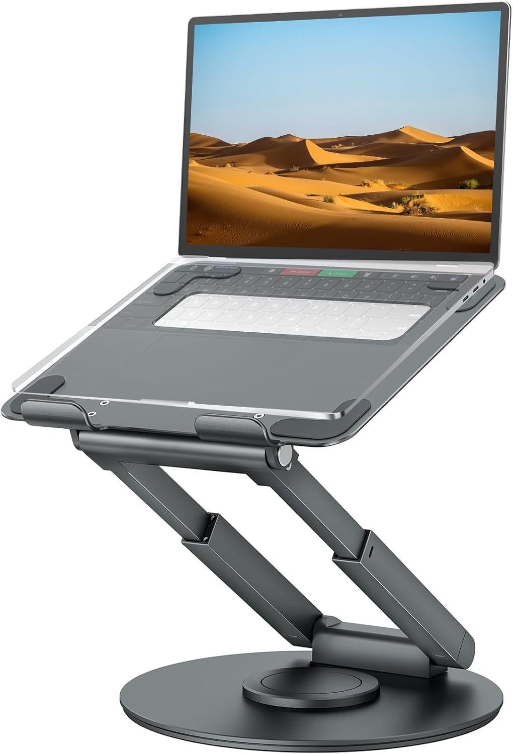 Showcases the product's adjustable design and ergonomic features for improved laptop use.