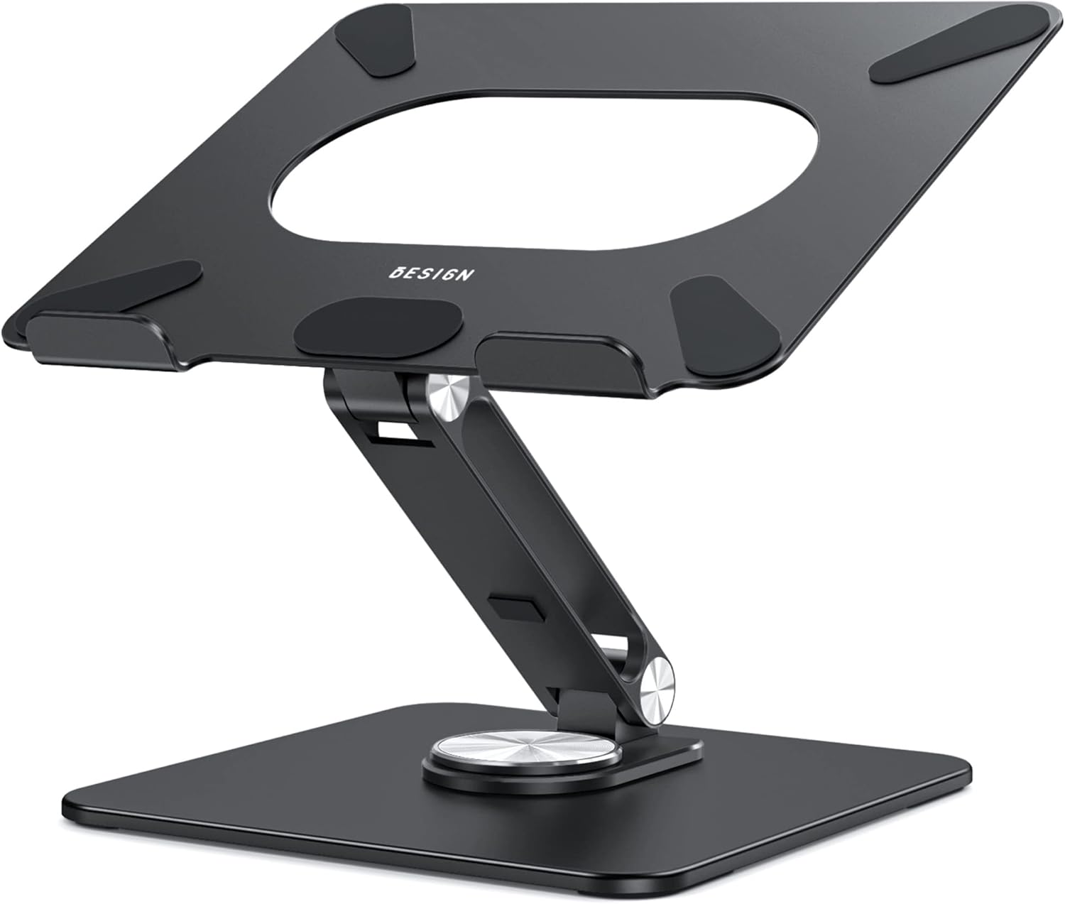 Showcases the sleek design and adjustable features of the laptop stand, emphasizing its functionality and modern aesthetic.