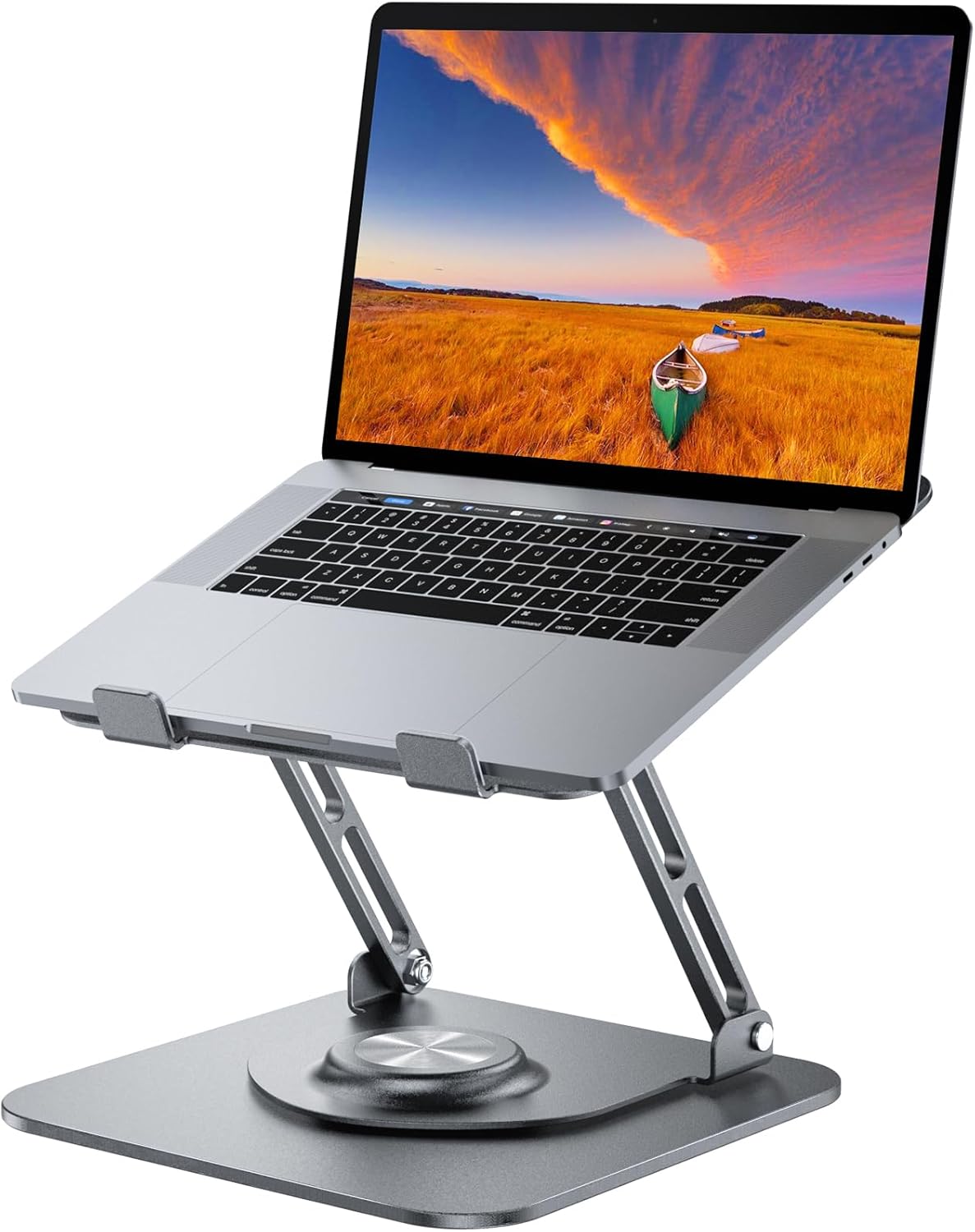 Showcases the product's design and functionality as an ergonomic laptop stand with adjustable height and angle. Demonstrates how the product can improve a user's workspace setup and potentially…