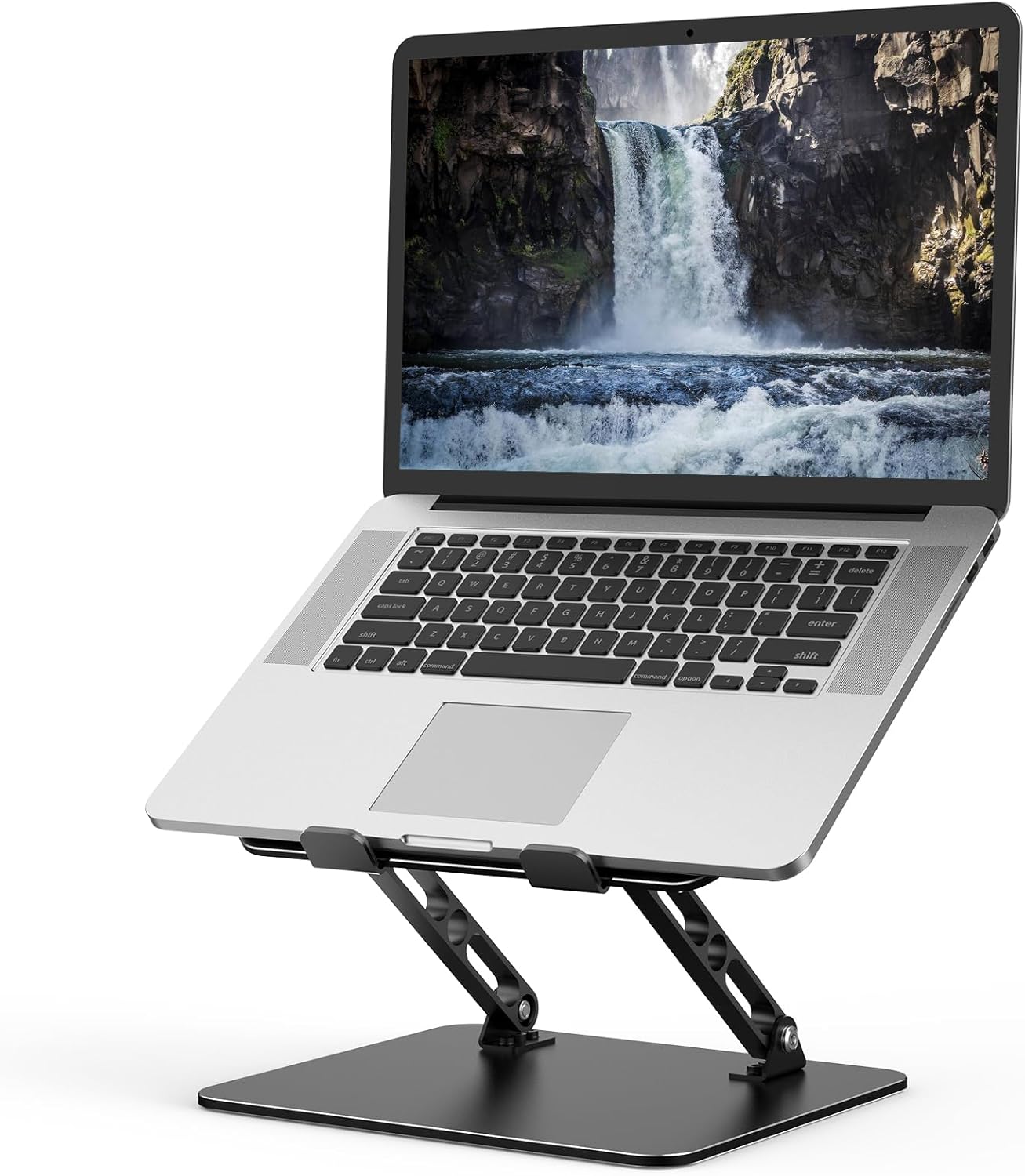 Showcases the product's design and functionality as an ergonomic laptop stand with adjustable height and angle.