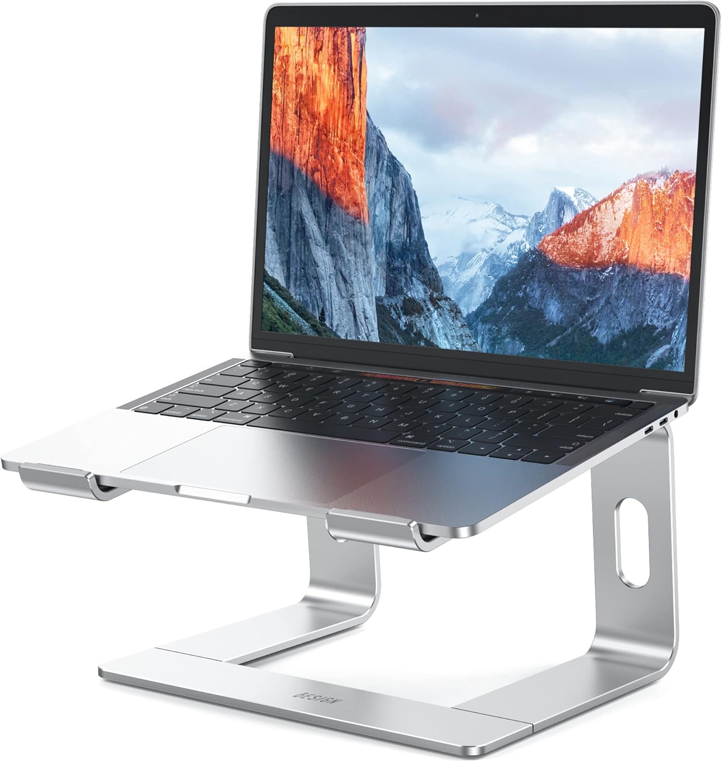 Showcases the sleek design and ergonomic benefits of the laptop stand, emphasizing its ability to elevate and angle the laptop for improved comfort and productivity.