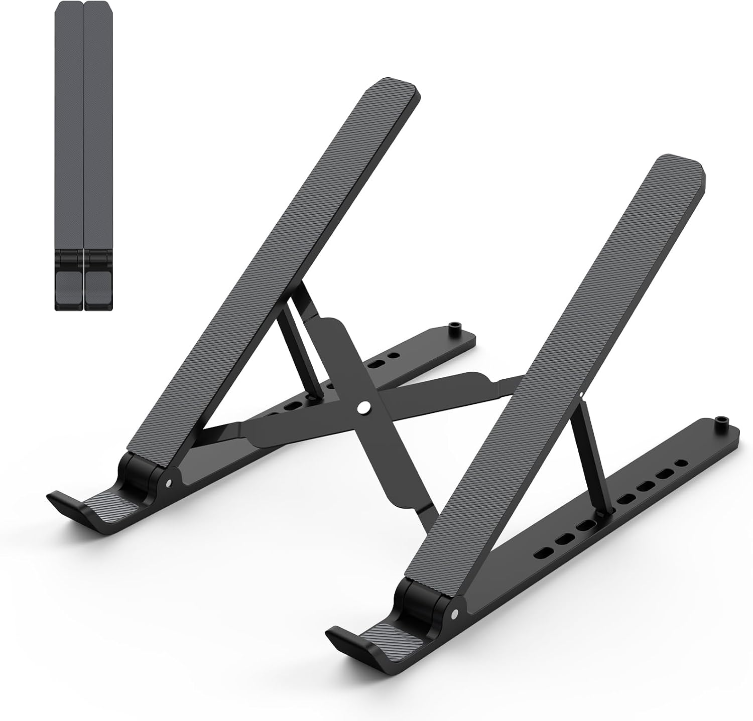 Showcases the product's adjustable design and compact folding capability for easy storage and portability.