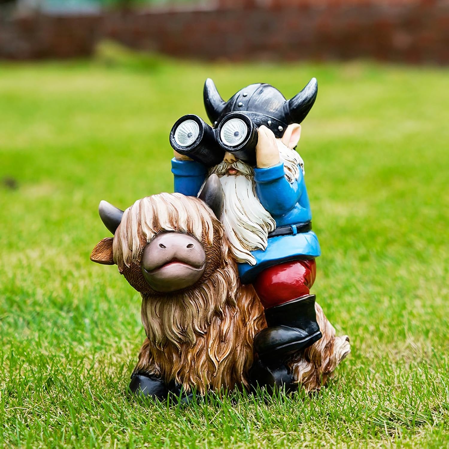 Showcases a quirky garden gnome figurine in a natural outdoor setting, appealing to customers looking for unique and humorous lawn ornaments.