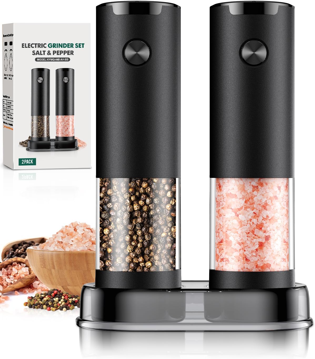 Showcases the product's design and functionality, highlighting the dual grinder set for salt and pepper. Displays the complete product set including packaging to show what customers will receive…
