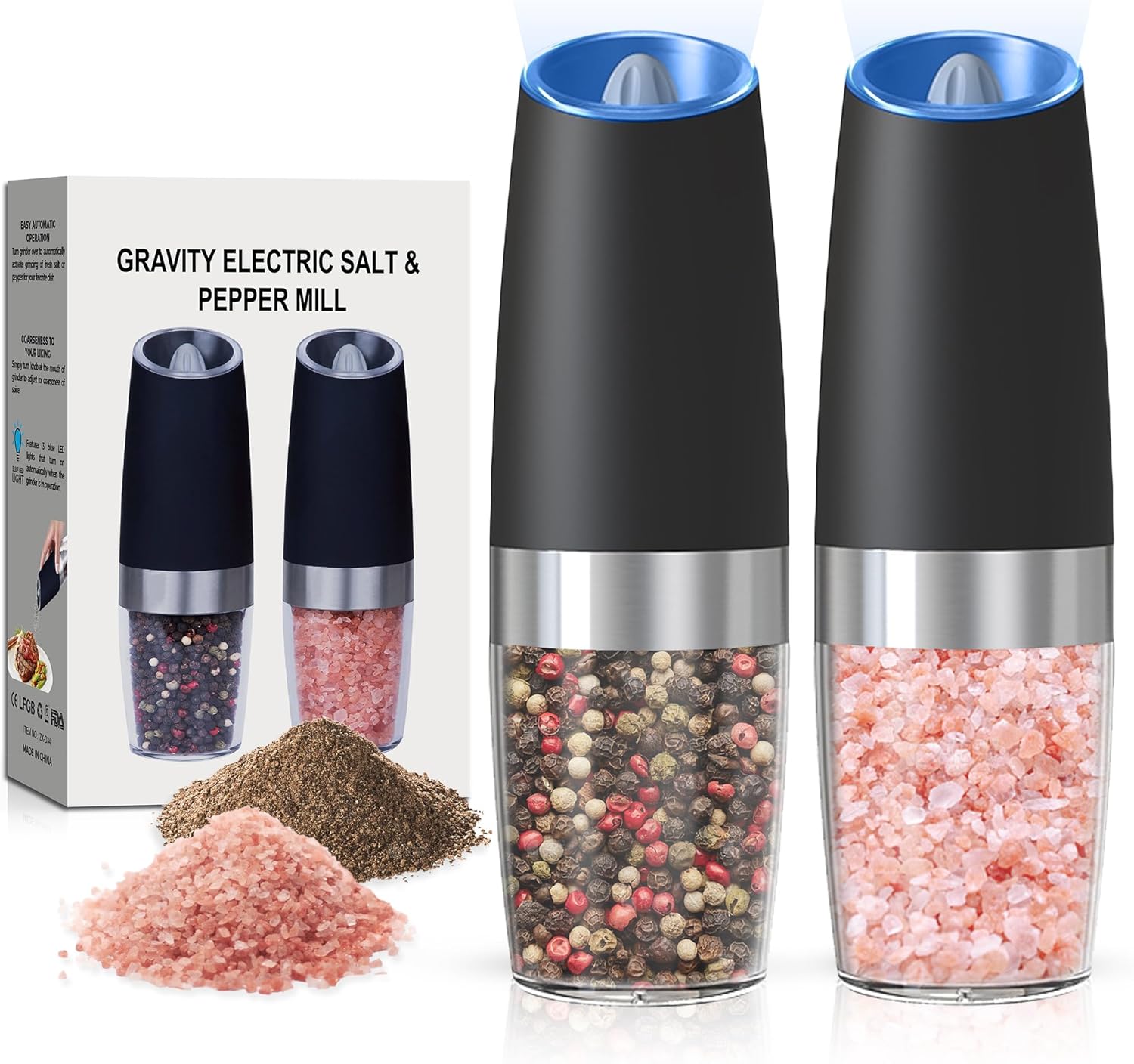 Showcases the product's design and contents, highlighting the electric functionality and dual mill set for salt and pepper. Demonstrates that the product comes with salt and pepper, showing the…