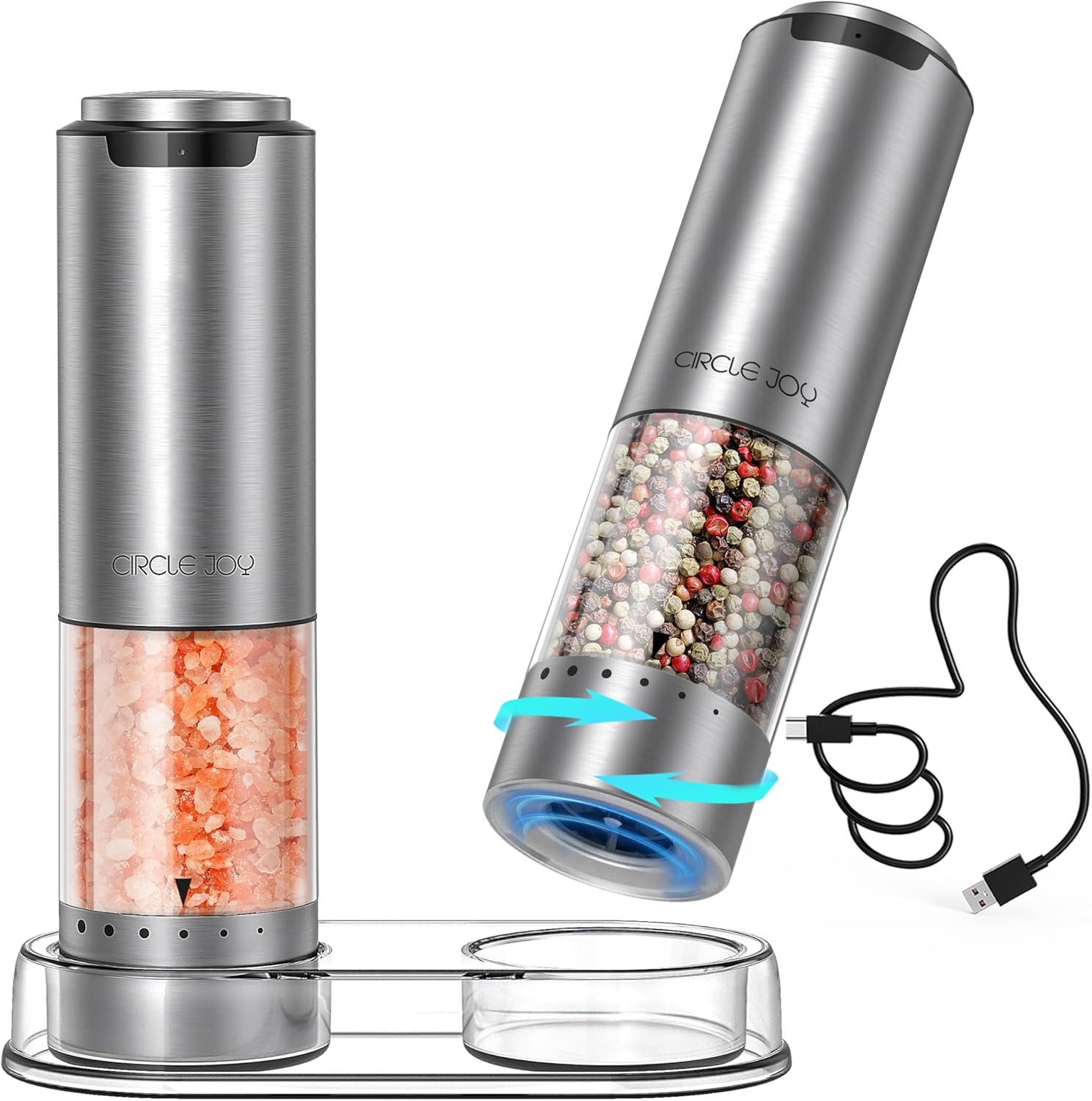 CIRCLE JOY Rechargeable Electric Salt and Pepper Grinder Set with Base: Hero Images