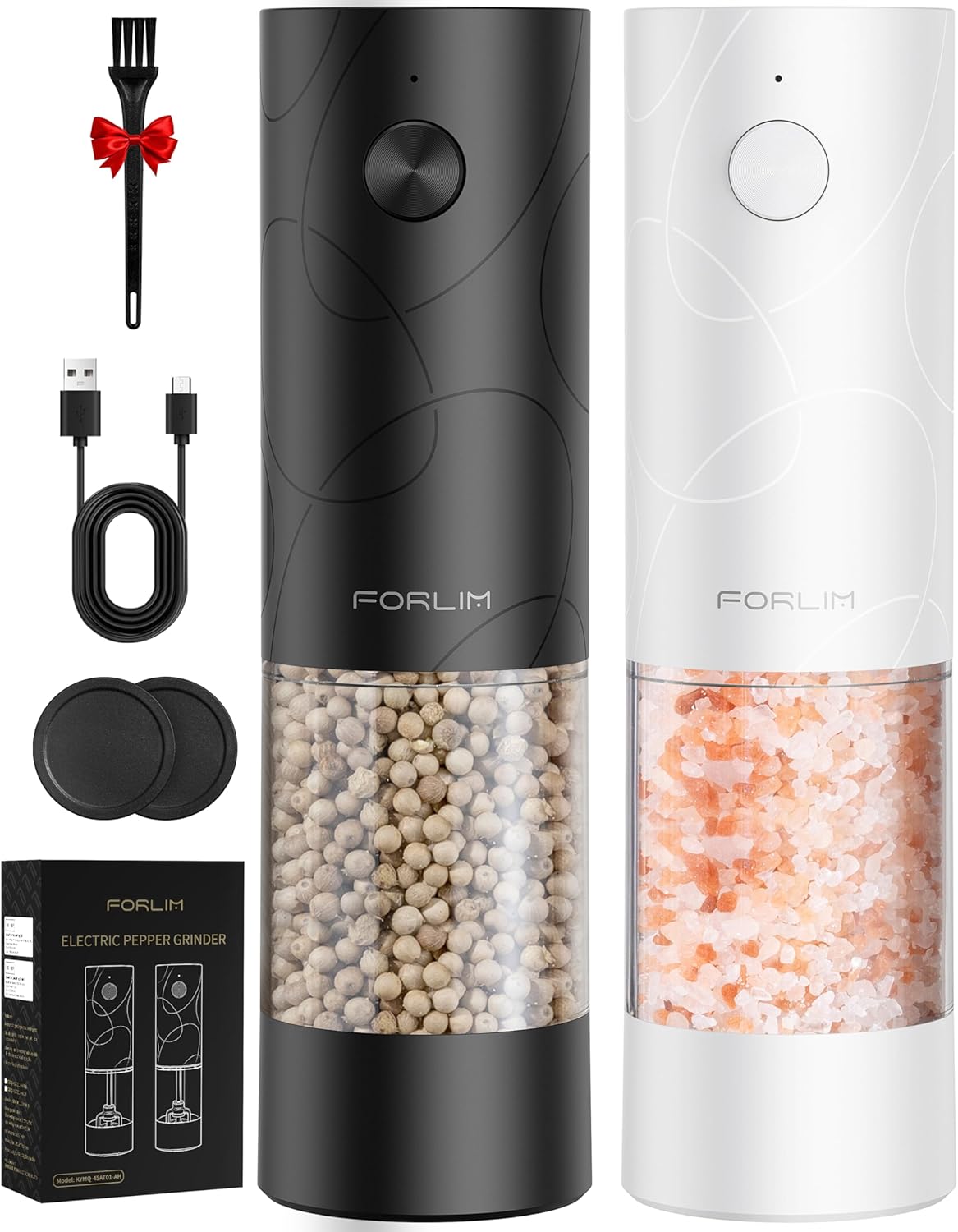 Showcases the main product - a set of two electric pepper grinders in black and white, along with included accessories. Displays all items included in the purchase, such as the grinders, USB cable,…