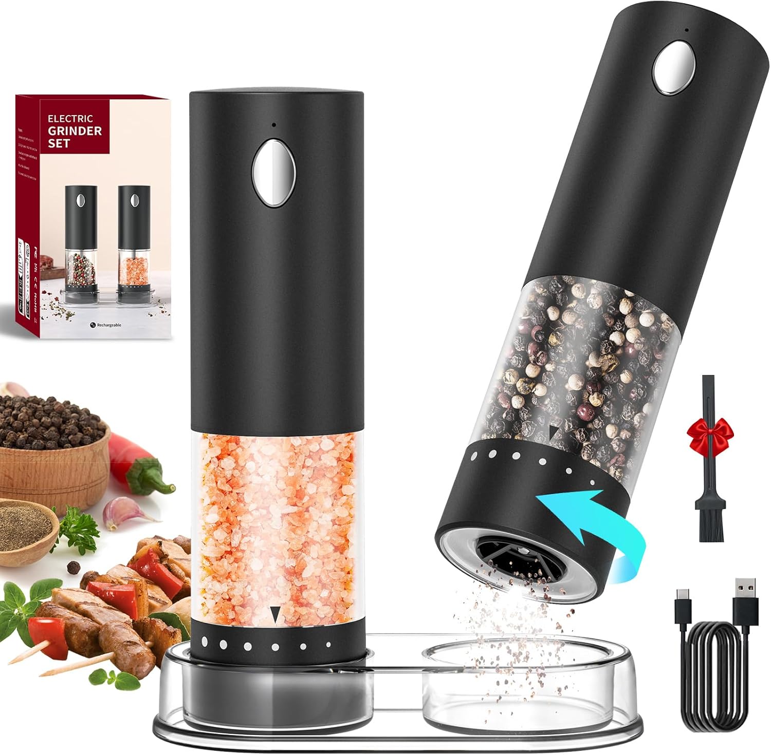 Shows the complete electric grinder set including multiple grinders, emphasizing the product's versatility and value. Displays the product alongside its retail packaging to communicate brand…