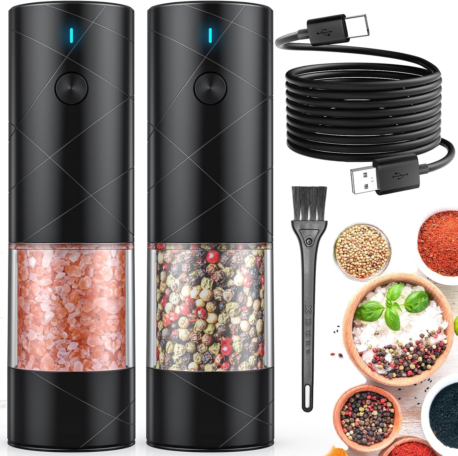 Shows the complete set of items included in the purchase, highlighting the electric grinders, charging cable, and accessories.