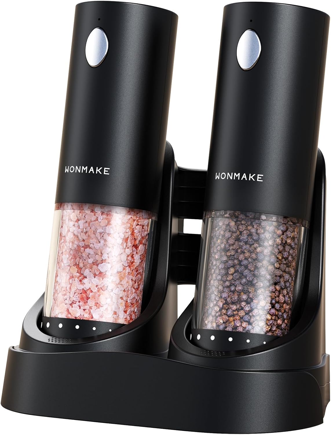 Showcases the sleek design and functionality of the electric salt and pepper grinder set. Displays the complete set including two grinders and their charging base, highlighting the product's…