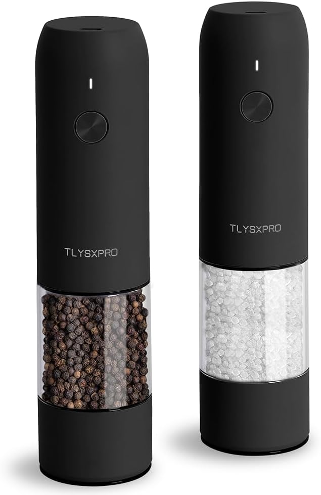 Showcases the sleek design and functionality of the electric salt and pepper grinder set. Displays both the salt and pepper grinders side by side to show the complete set available for purchase.