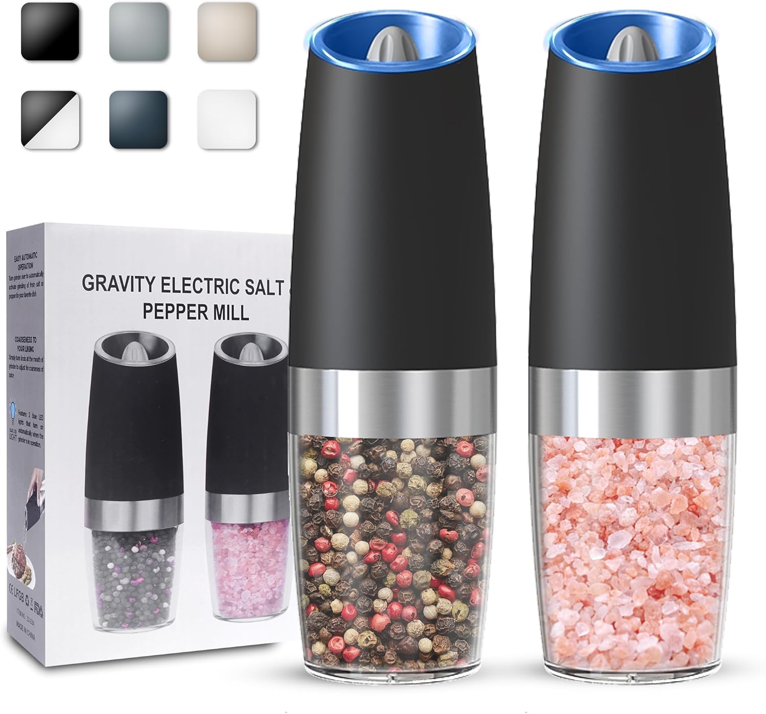Showcases the product's design and contents, highlighting the electric salt and pepper mill set with different color options. Displays multiple color options for the product, allowing customers to…