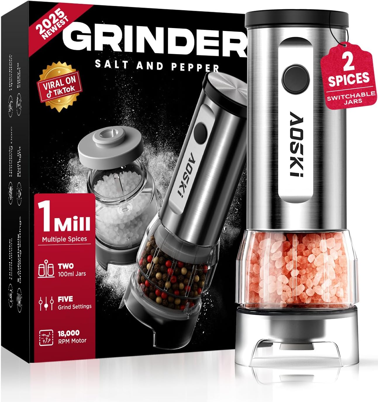 Electric Salt and Pepper Grinder Set: 1 Grinder + 2 100ml Replaceable Jars: Hero Images