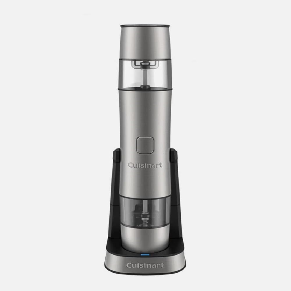 Showcases the modern, streamlined design of the Cuisinart electric pepper mill, emphasizing its compact and functional form.