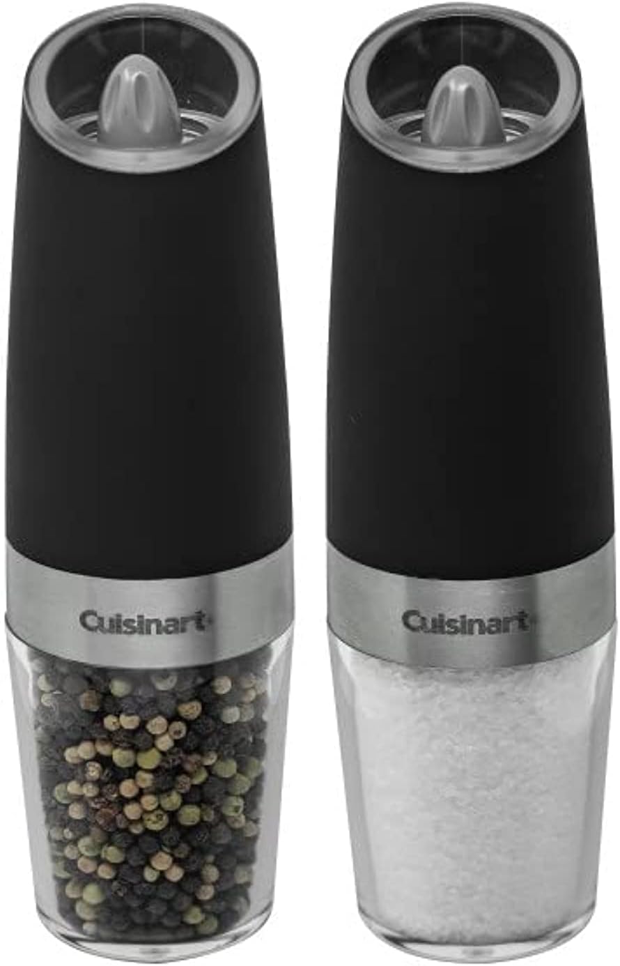 Showcases the sleek design and functionality of the salt and pepper grinder set, highlighting the clear chambers for easy refilling.