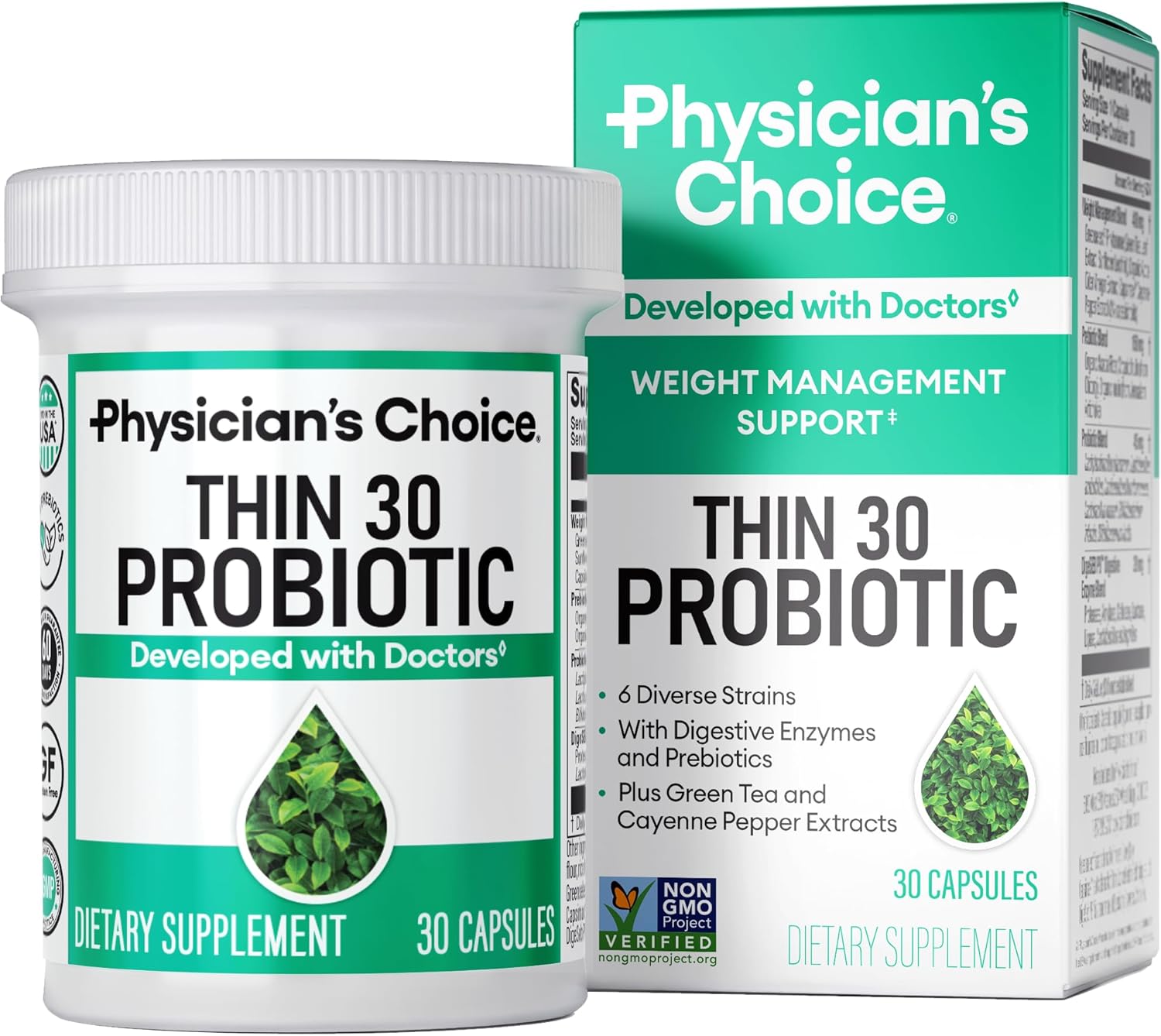 Showcases the product packaging and bottle to clearly identify the probiotic supplement and its key features. Displays both the product bottle and retail packaging to communicate brand identity and…