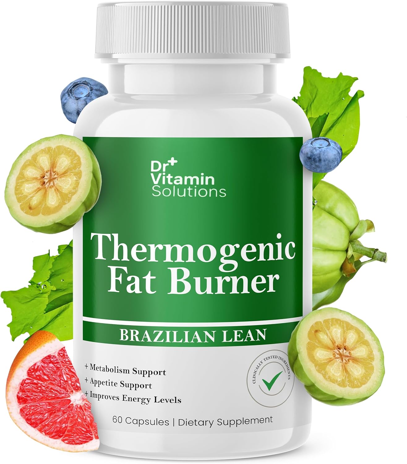 Showcases the product bottle and highlights natural ingredients to communicate the supplement's composition and benefits.