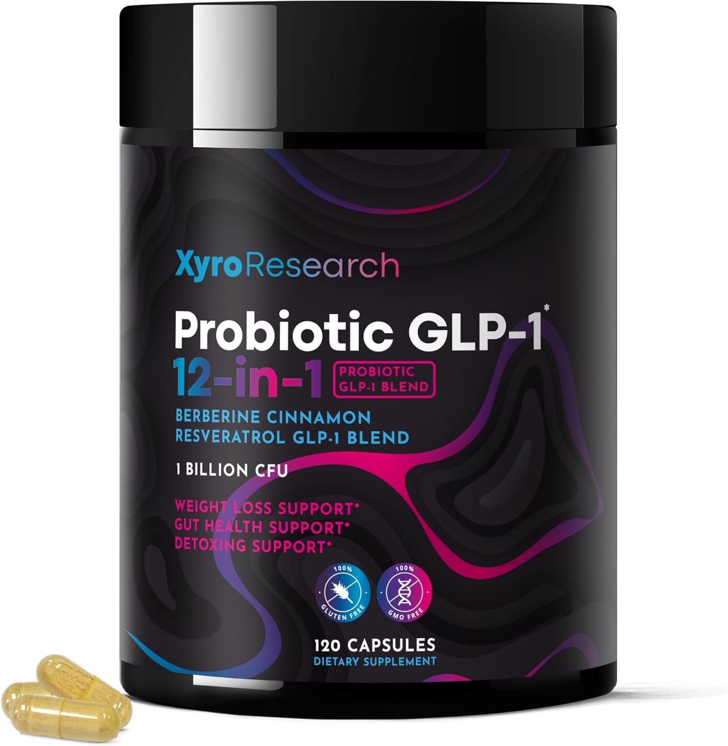 Showcases the product packaging and capsules to communicate the supplement's form and quantity.