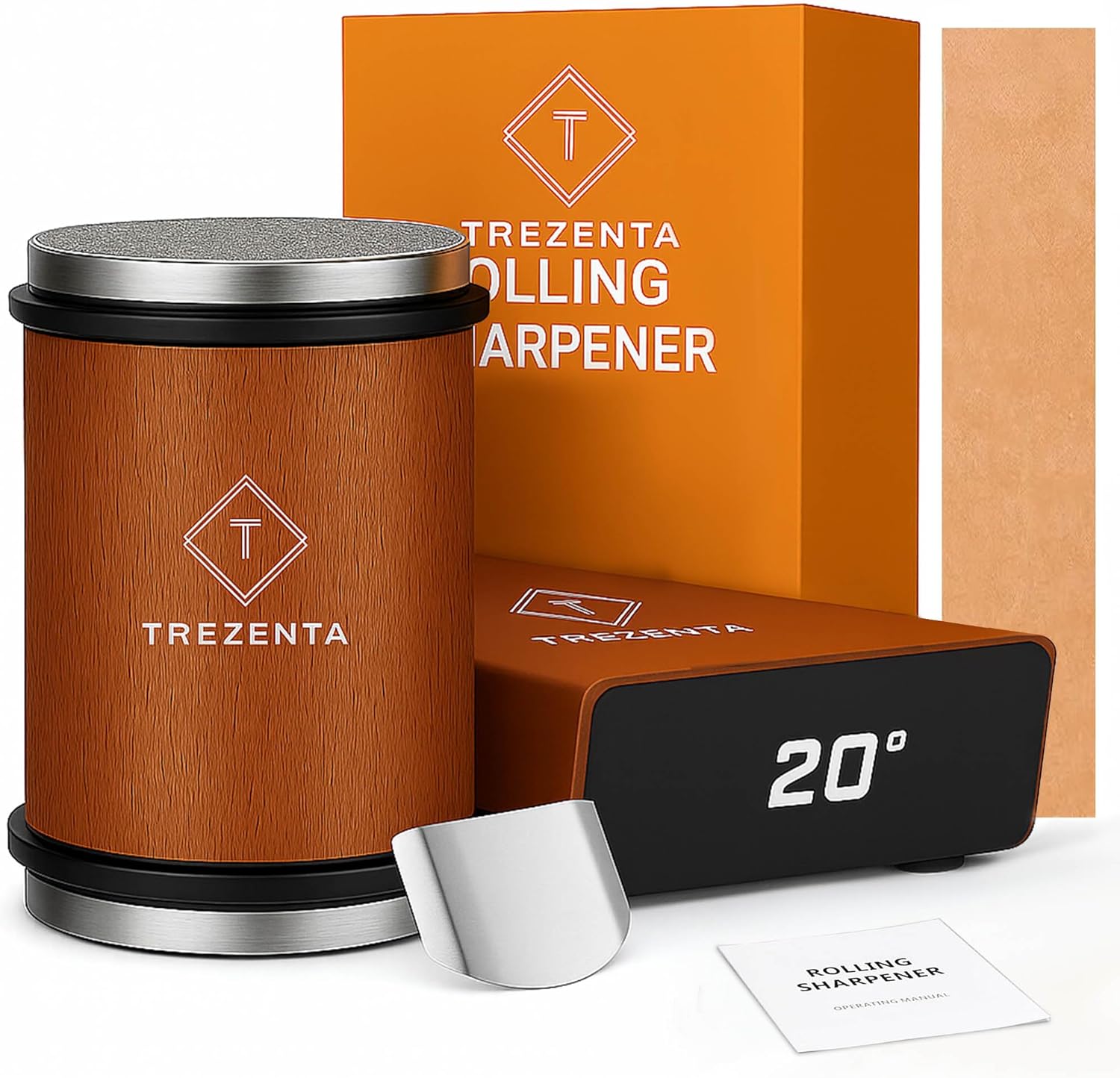 Shows the complete product set including the rolling sharpener and its branded packaging to communicate professionalism and what the customer will receive.