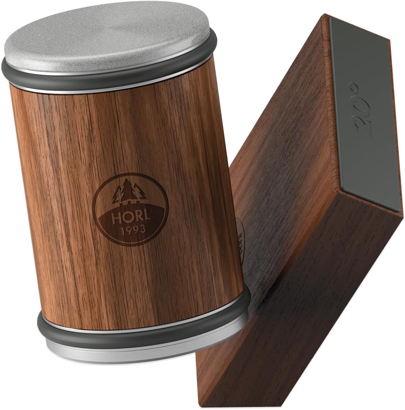 Showcases the premium materials and craftsmanship of the product, highlighting its wood grain texture and metal components. Displays the main product alongside an additional component, showing the…