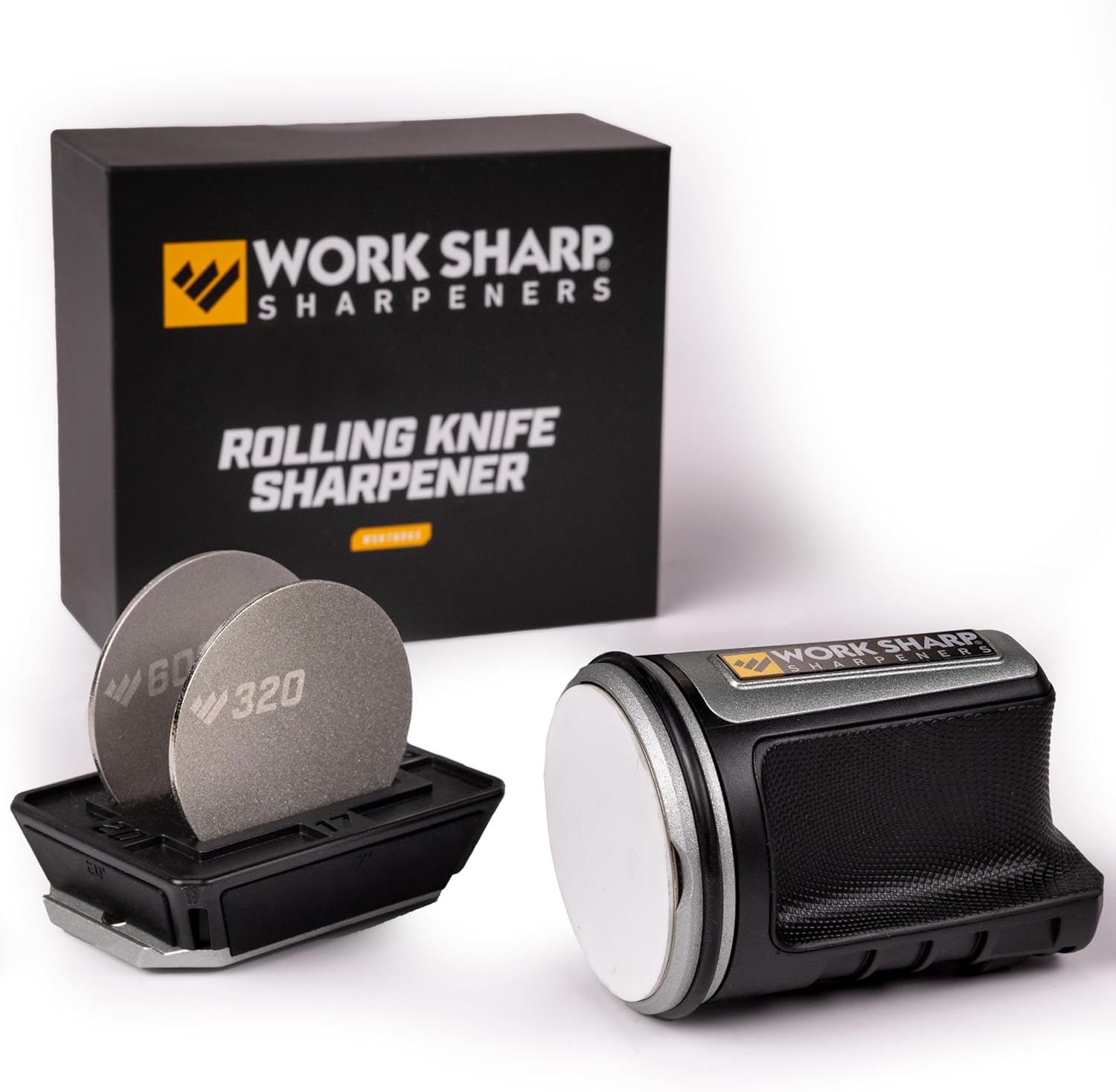 Shows the complete knife sharpener set with all included components to demonstrate the product's features and contents. Displays the various parts of the knife sharpener set to highlight the…