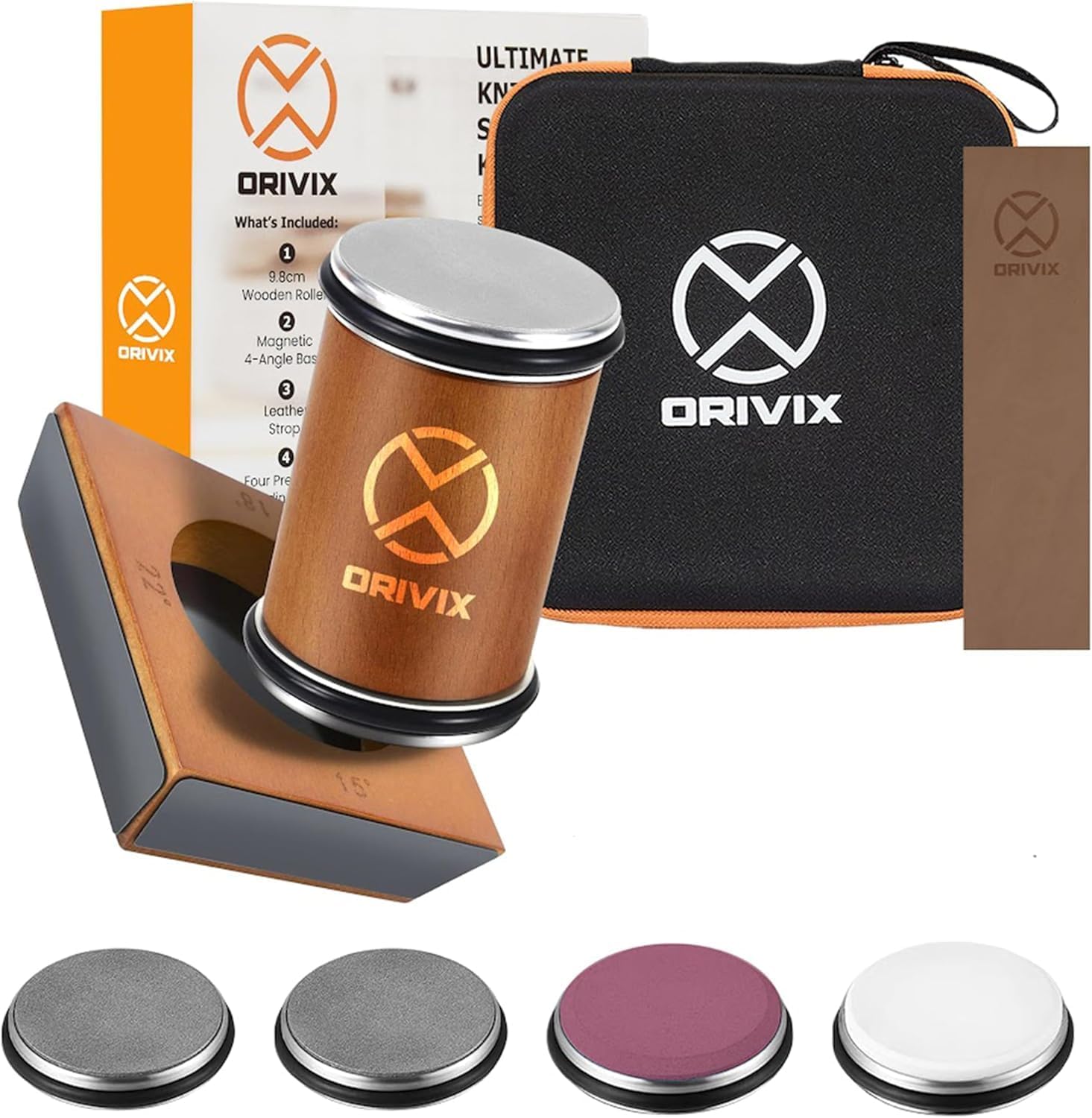 Shows all components of the knife sharpening kit to demonstrate the comprehensive nature of the product. Displays the various parts included in the kit to highlight the value and versatility of the…