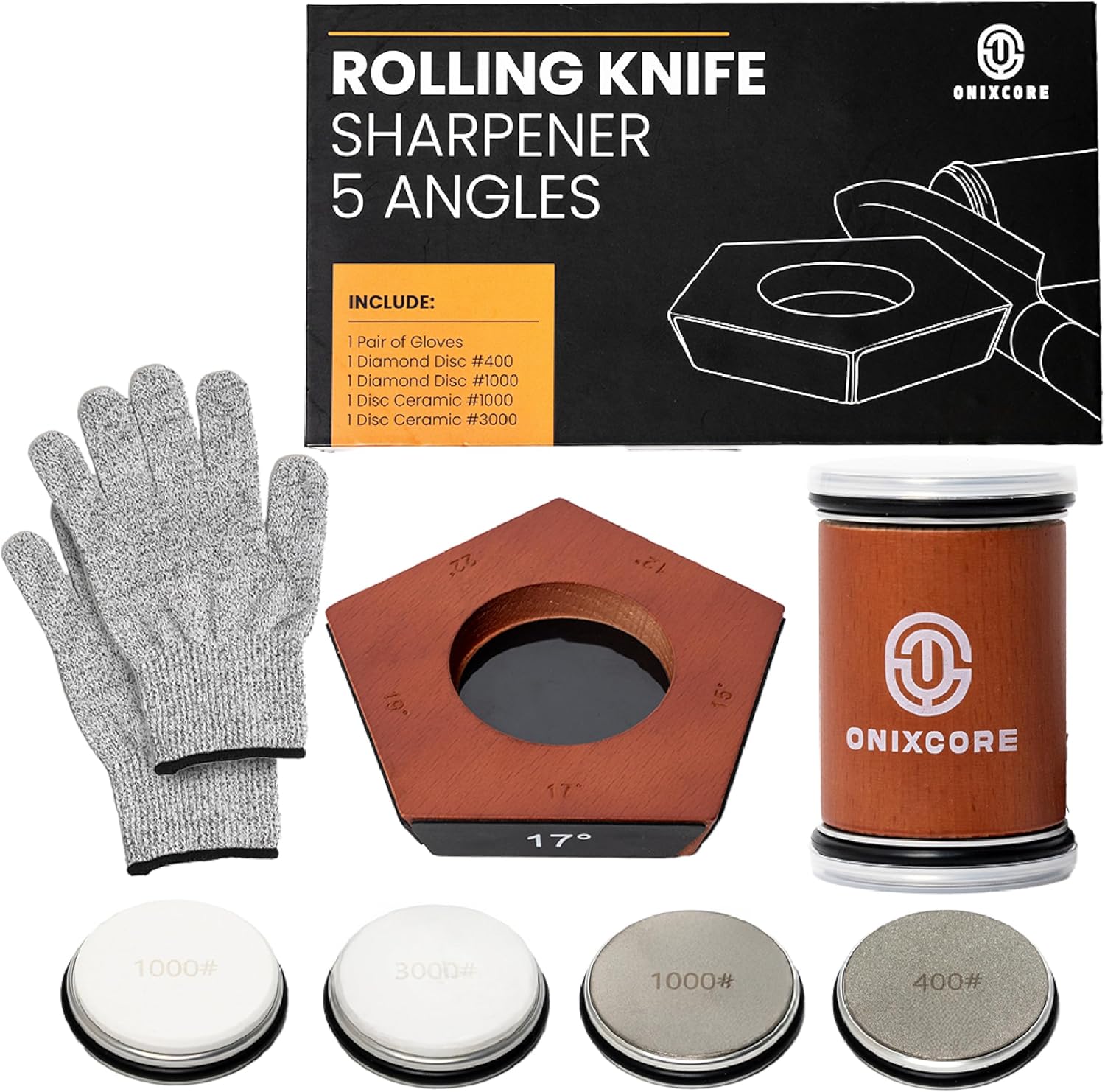 Showcases all components of the knife sharpening kit to demonstrate value and completeness of the product. Displays all individual parts included in the kit to inform customers about the full…