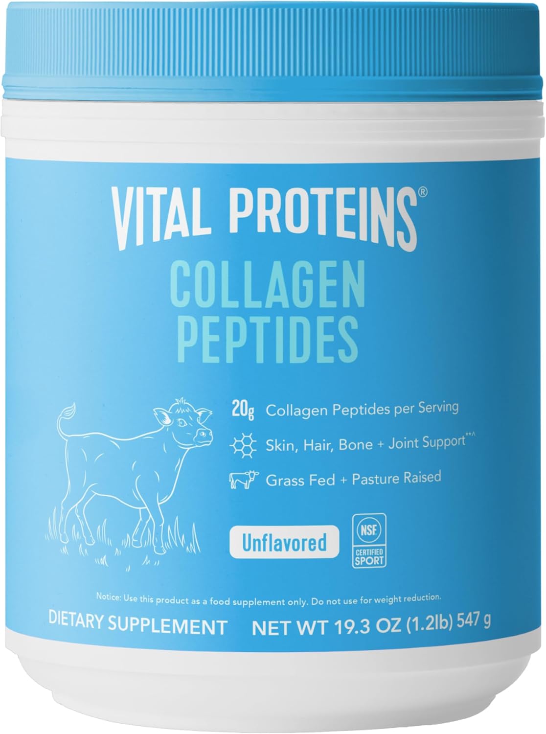 Showcases the product container clearly, highlighting the collagen peptides supplement and its key features. Displays the full product packaging to communicate brand identity and product information.