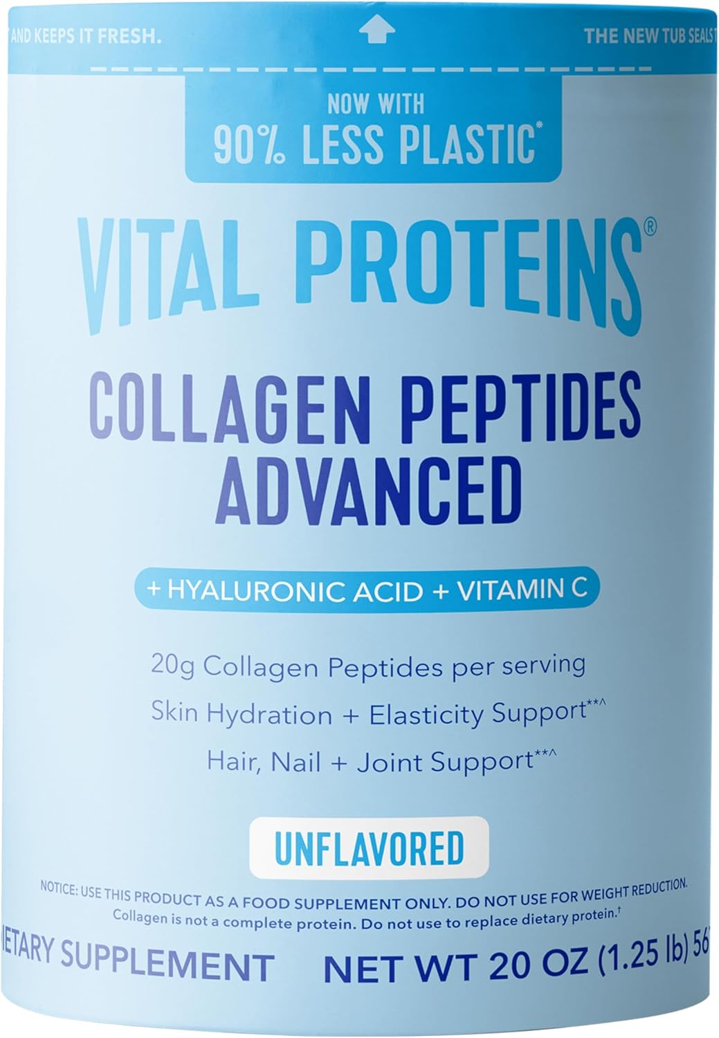 Showcases the product's new packaging with 90% less plastic, highlighting eco-friendliness while clearly displaying key product information.