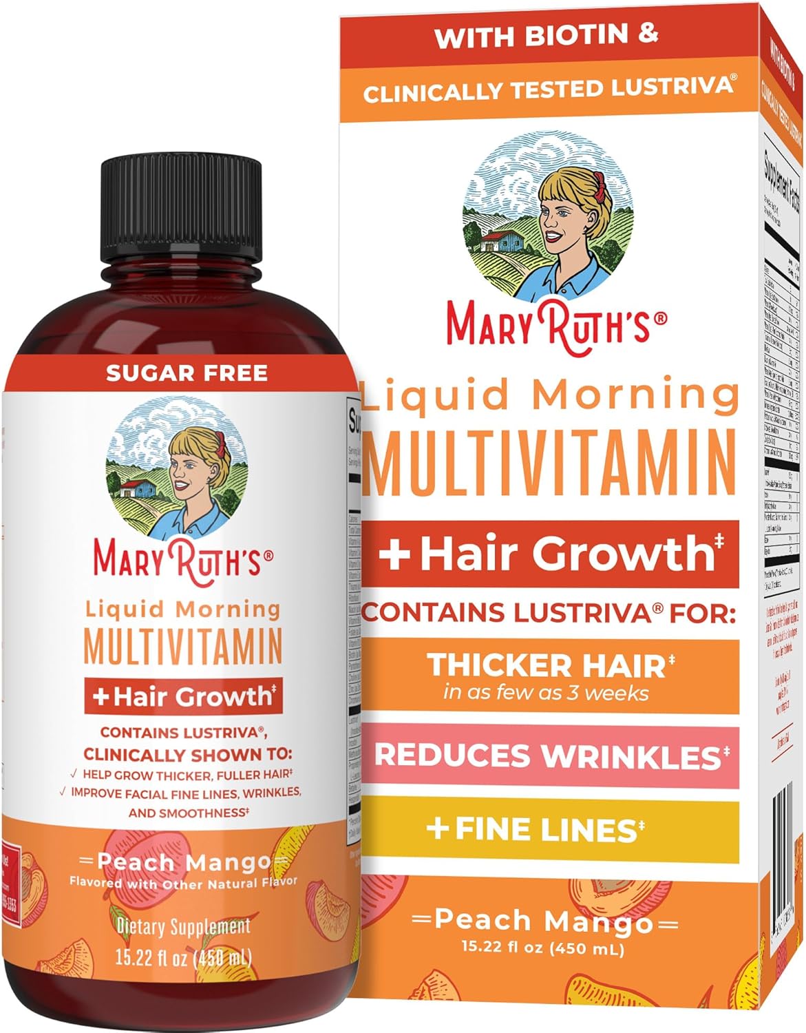 Showcases the product packaging and highlights key benefits like hair growth, wrinkle reduction, and multivitamin content to attract health-conscious consumers.