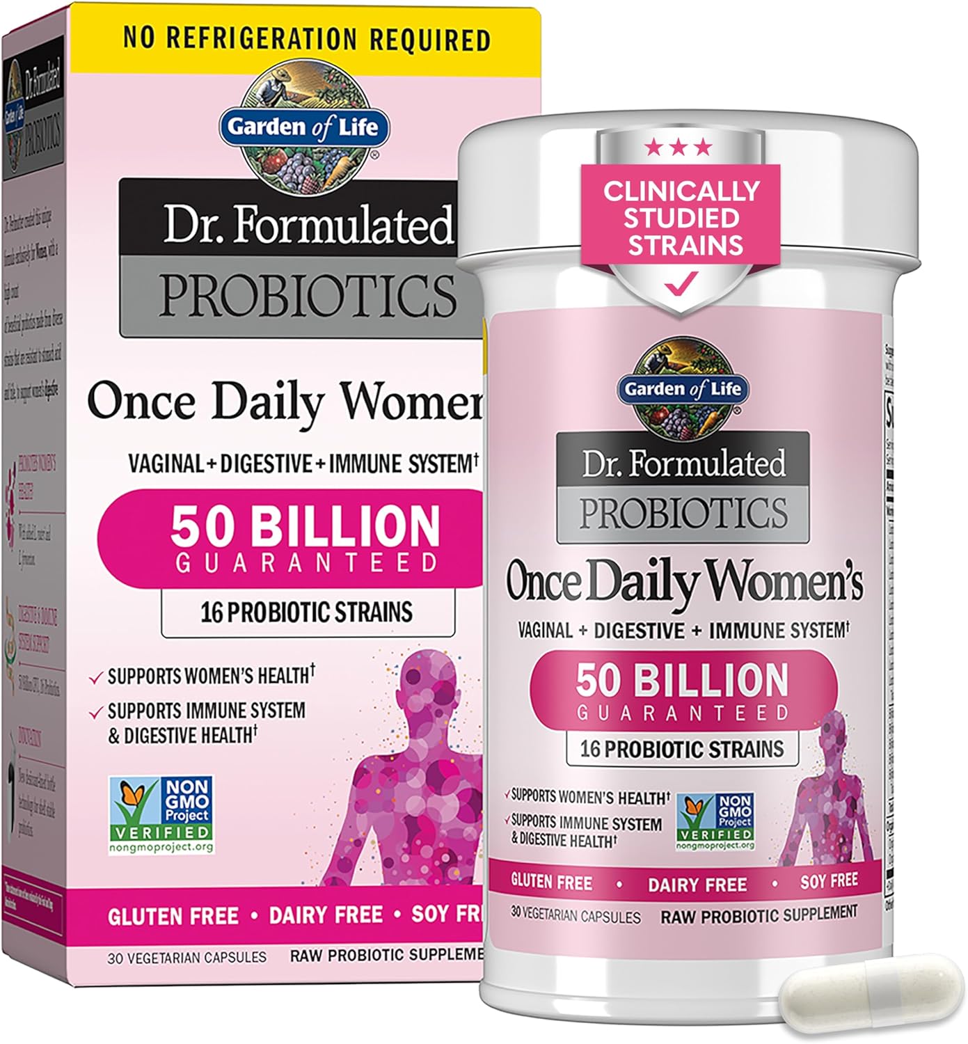 Showcases the product packaging and highlights key benefits for women's health, including probiotic strains and guaranteed potency.