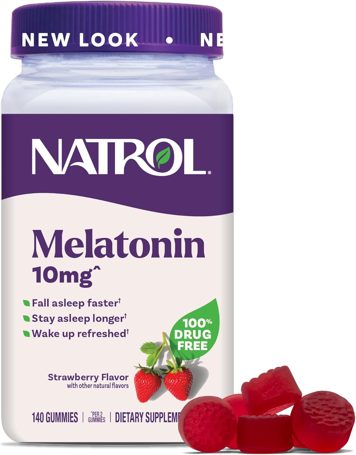 Showcases the product packaging and gummy form to highlight the melatonin supplement's ease of use and appealing flavor.