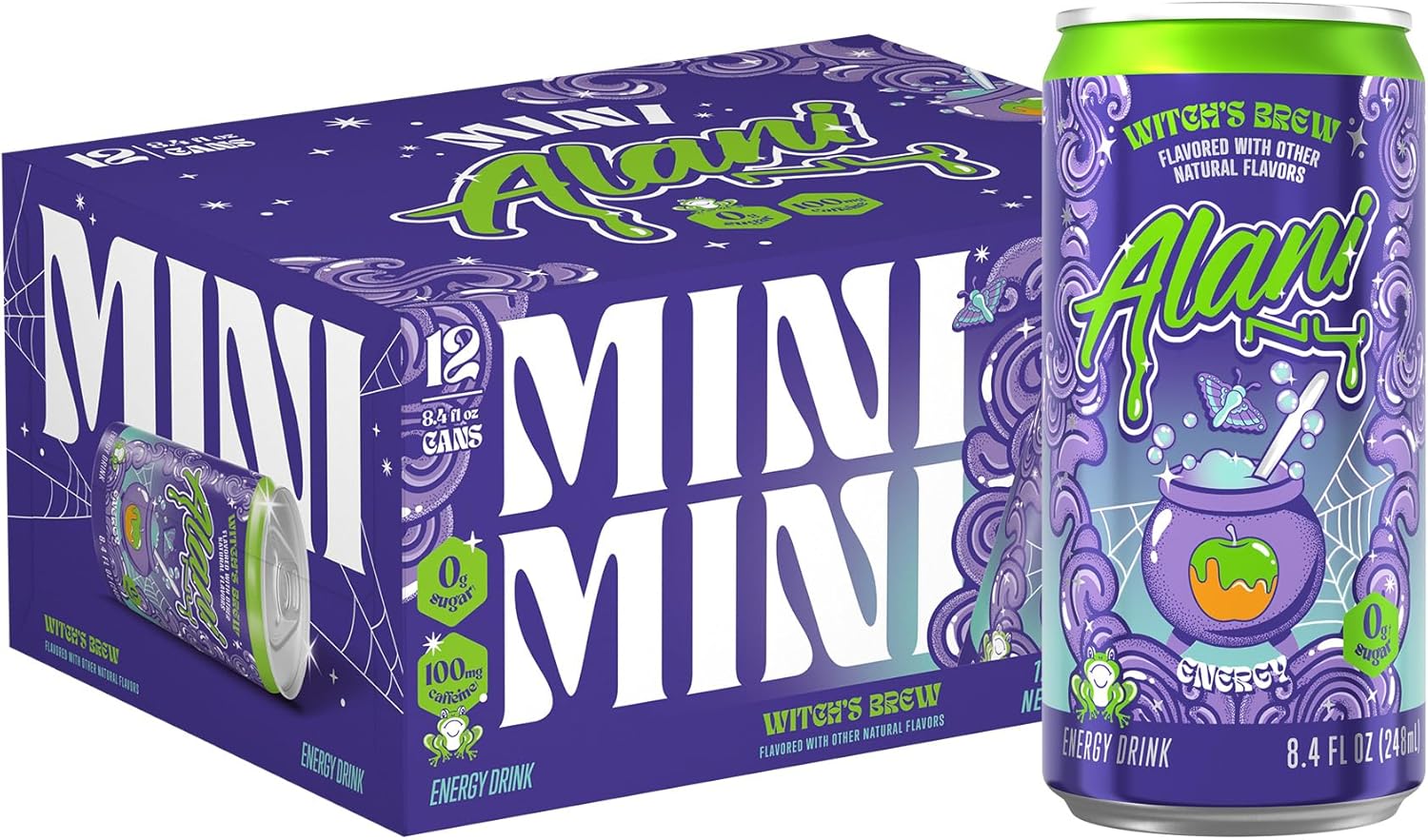 Showcases the product can alongside its retail packaging to communicate brand identity and product details. Displays multiple cans to show product availability and packaging design.