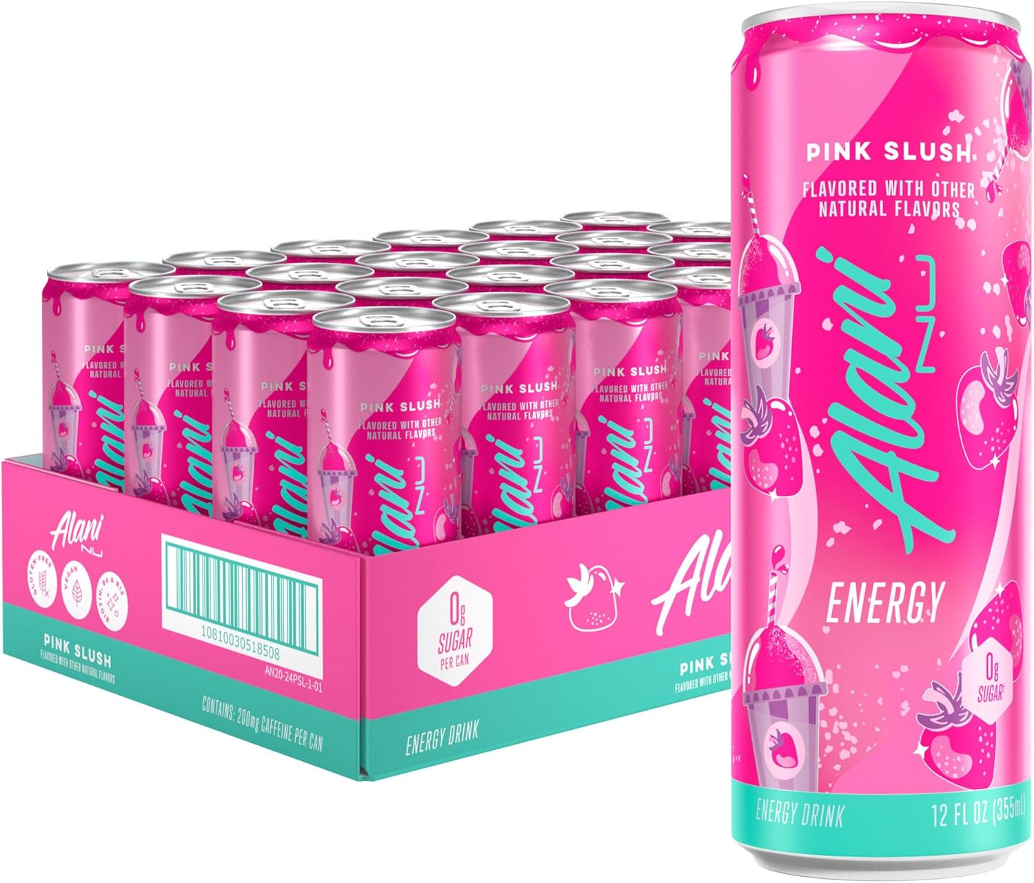 Showcases the product's vibrant pink color and packaging design to attract attention and communicate the flavor. Displays multiple cans to emphasize the product is available in bulk, appealing to…