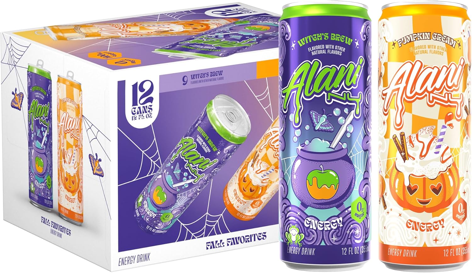 Showcases the product packaging and variety of flavors available in a Halloween-themed energy drink pack. Displays two different seasonal flavors (Witch's Brew and Pumpkin Cream) to highlight…