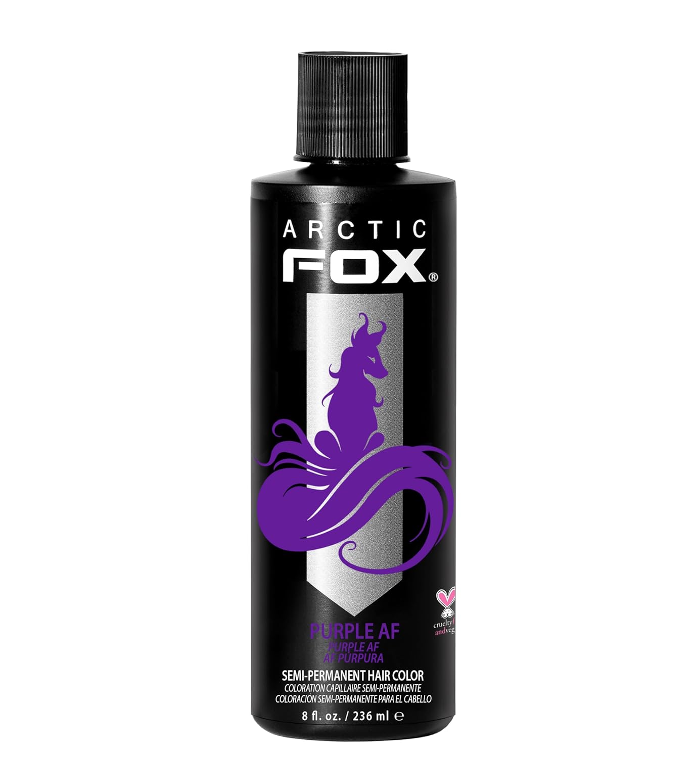 Showcases the product bottle and brand name clearly, emphasizing the vibrant purple color of the hair dye.