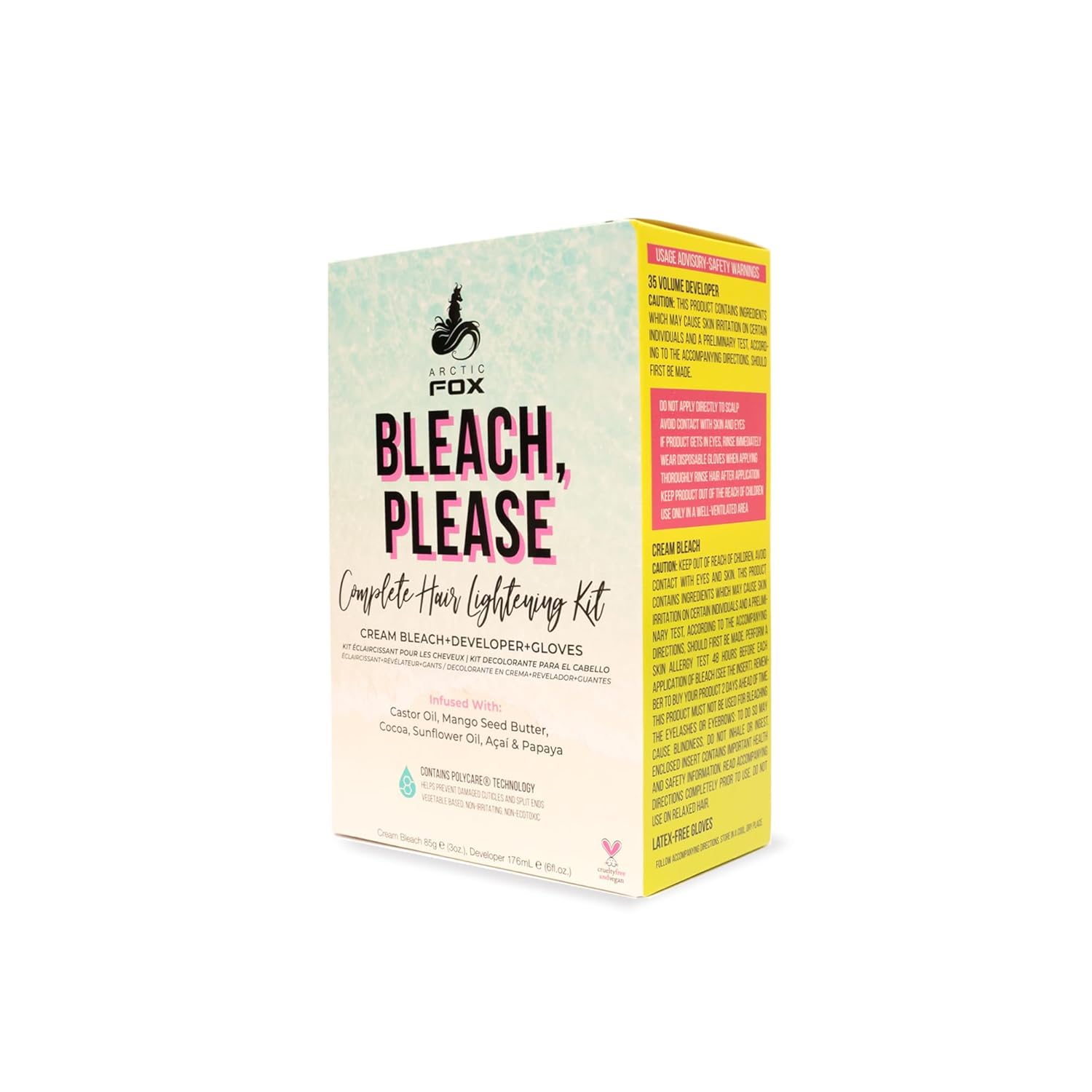 Showcases the product packaging to highlight the complete hair bleaching kit and its key ingredients.